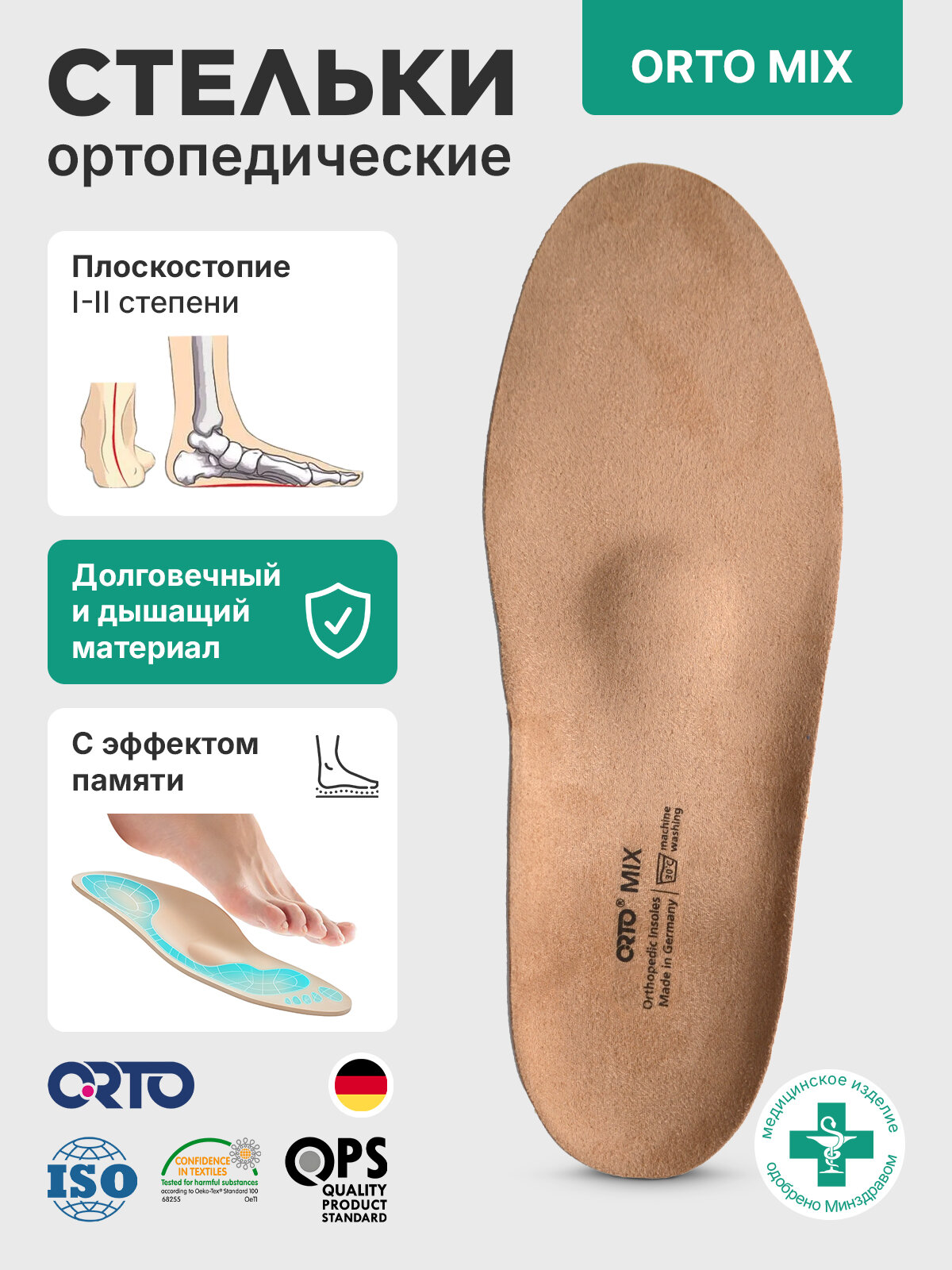 Стельки ортопедические с эффектом памяти ORTO Mix, при плоскостопии, женские, мужские, для обуви, для кроссовок, анатомические (р. 40, 26.7 см)
