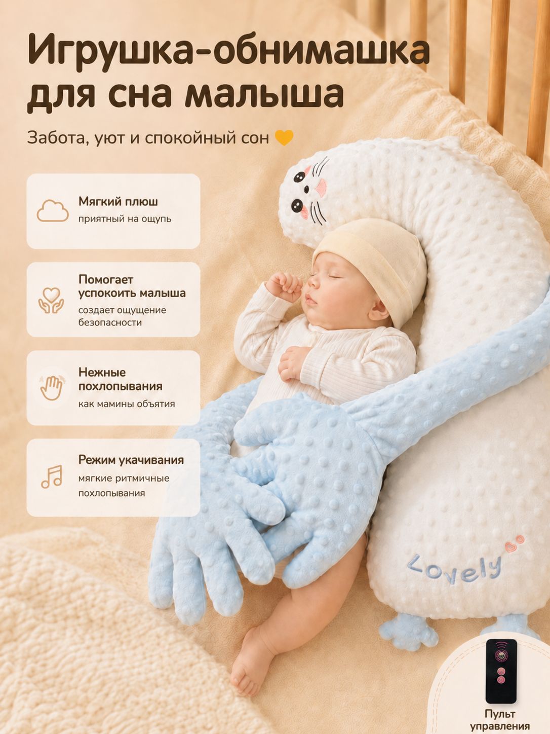 Игрушка-обнимашка для сна малыша с пультом, мягкий плюш Minky, нежные похлопывания, вкладыш с красной фасолью,65*25*16cm