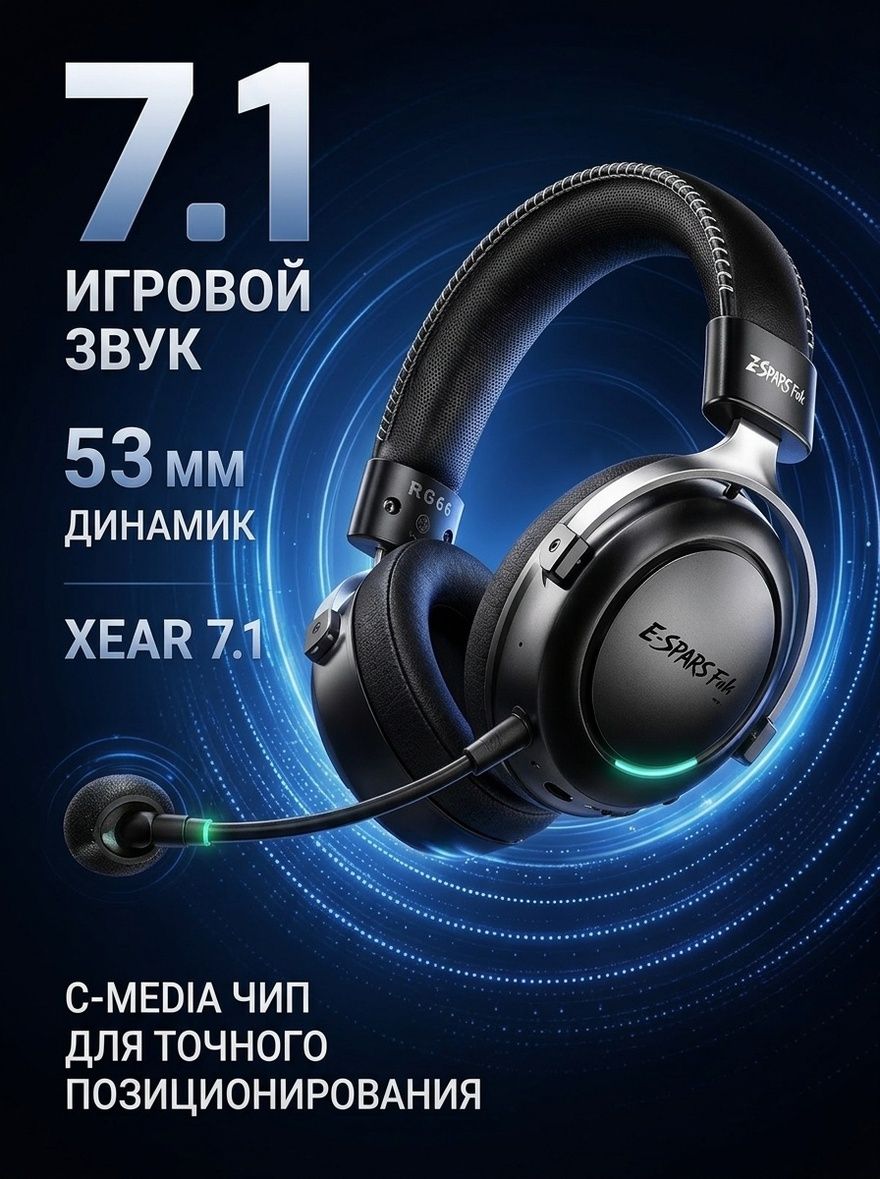 Наушники с микрофоном Linx Четырехрежимная игровая гарнитура, 7.1-канальная с микрофоном, Bluetooth, Радиоканал, USB Type-C, черный, черно-серый