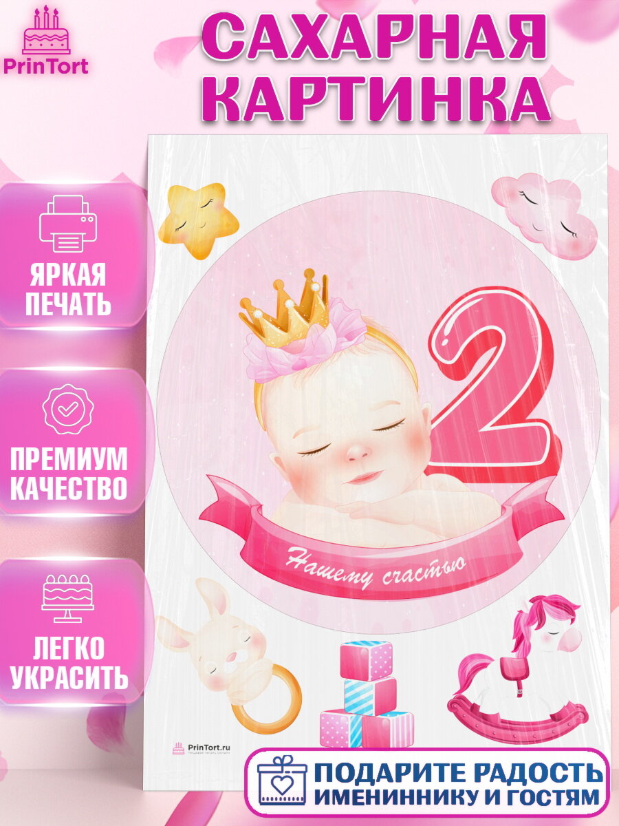Сахарная картинка для торта Девочке 2 мес. Украшения для торта девочке на День Рождения. Декор для выпечки PrinTort