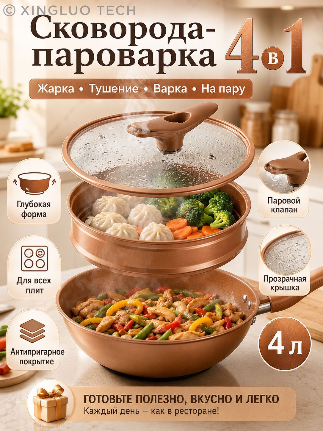 Мантоварка 4 в 1 с крышкой-сковородой, 4 л, антипригарное покрытие, для газовых и индукционных плит, для кухни