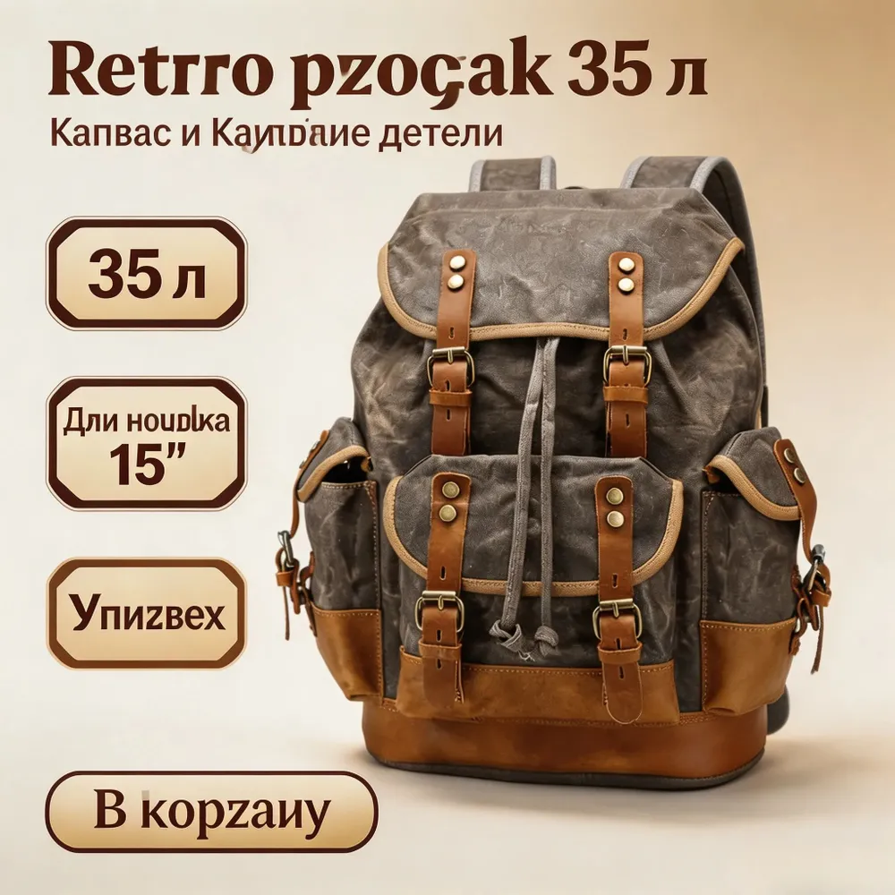 Ретро рюкзак из воскового холста с кожей | Магнитные замки, отделение для ноутбука 15,6", удобен для города и поездок