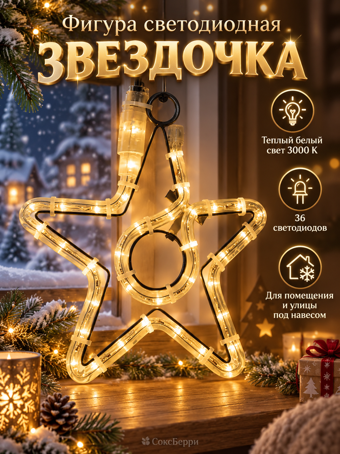 Светодиодная фигура Звездочка 200×220 мм, новогодний декор, тёплый свет 3000К, 36 LED, IP65 Arlight