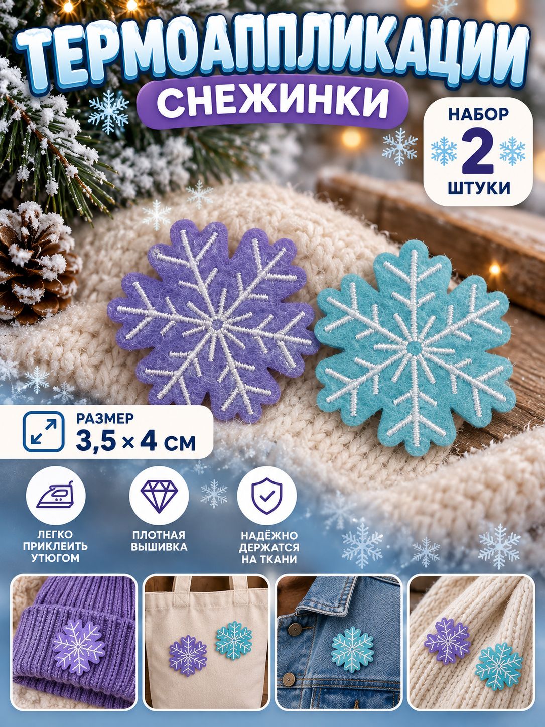 Термоаппликация Снежинки 2 шт, размер 3,5х4 см. Набор вышитых термозаплаток и нашивок на клеевой основе для ремонта и декора одежды, шапок, рюк