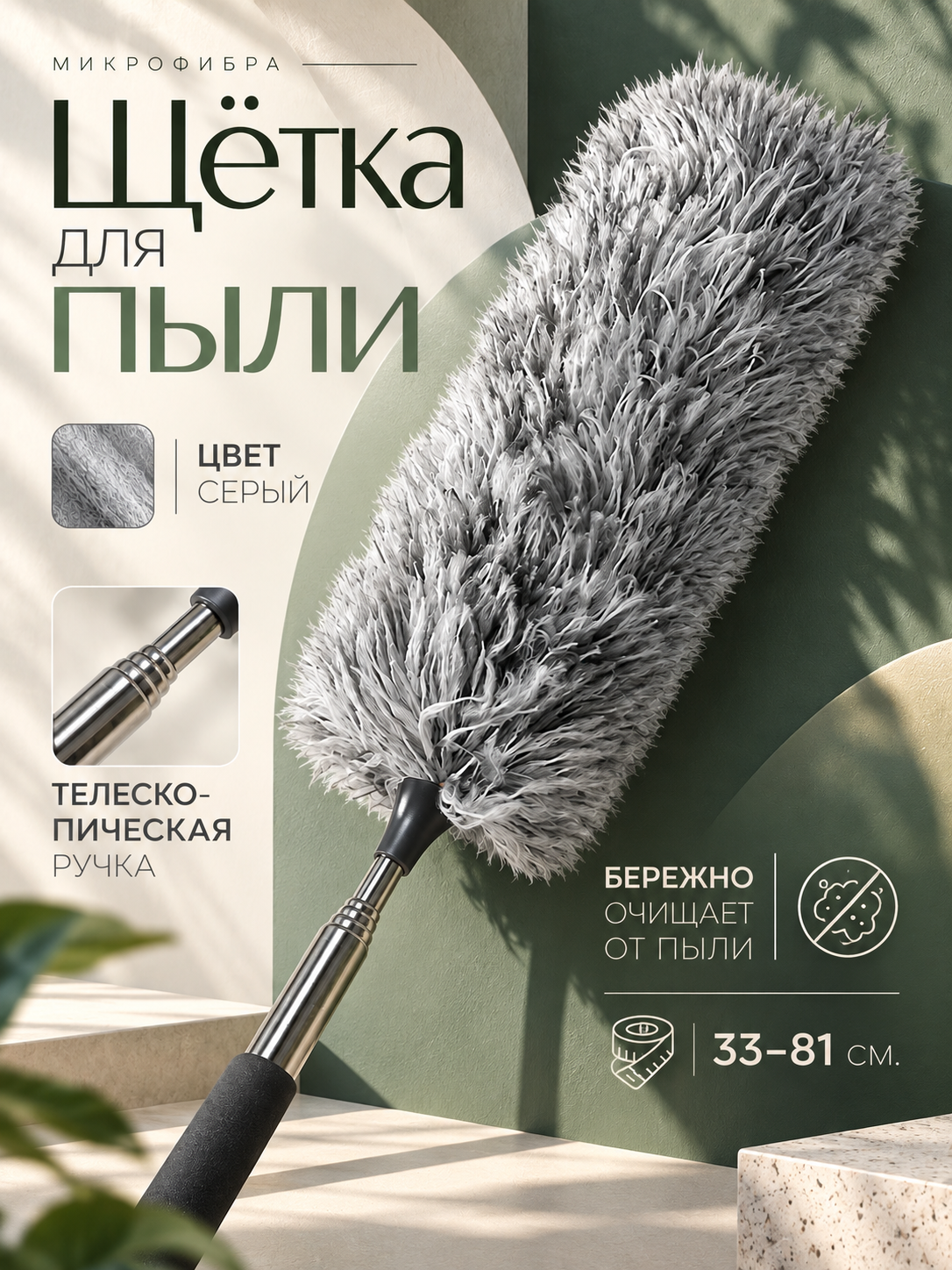 Щётка для удаления пыли с телескопической ручкой 37–81 см, насадка из микрофибры 17 см, серая
