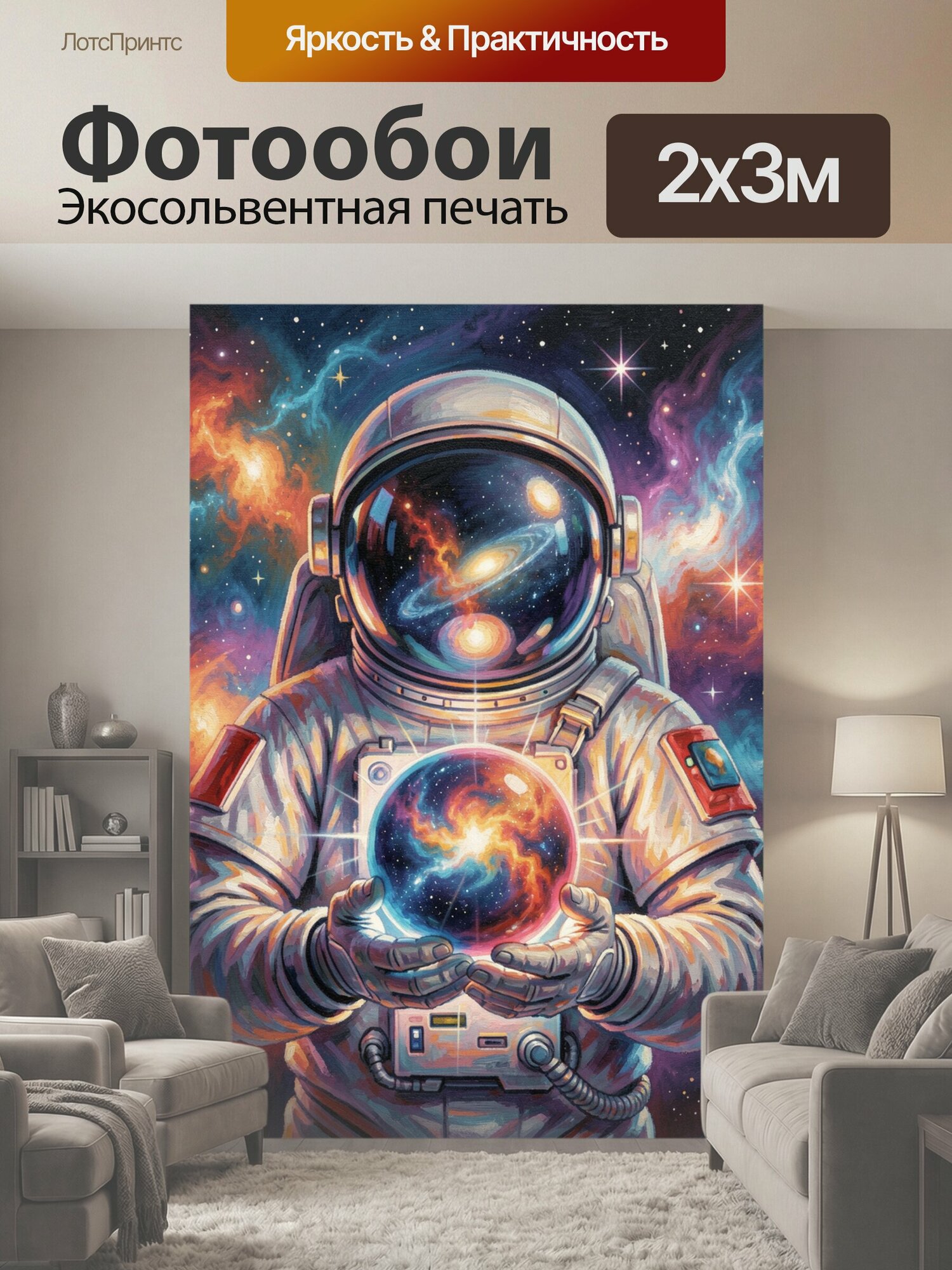 Фотообои "Космонавт с галактическим шаром. Астронавт в скафандре держит светящийся космический глобус на фоне звезд, туманностей и спиральных." 200x300 см. экосольвентная печать