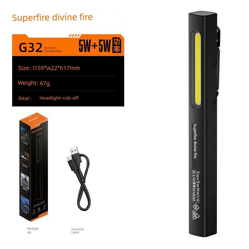 Фонарь SupFire G32 черный, мини-фонарь с магнитом и клипсой, USB-C, перезаряжаемый, прожектор и общий свет для ремонта