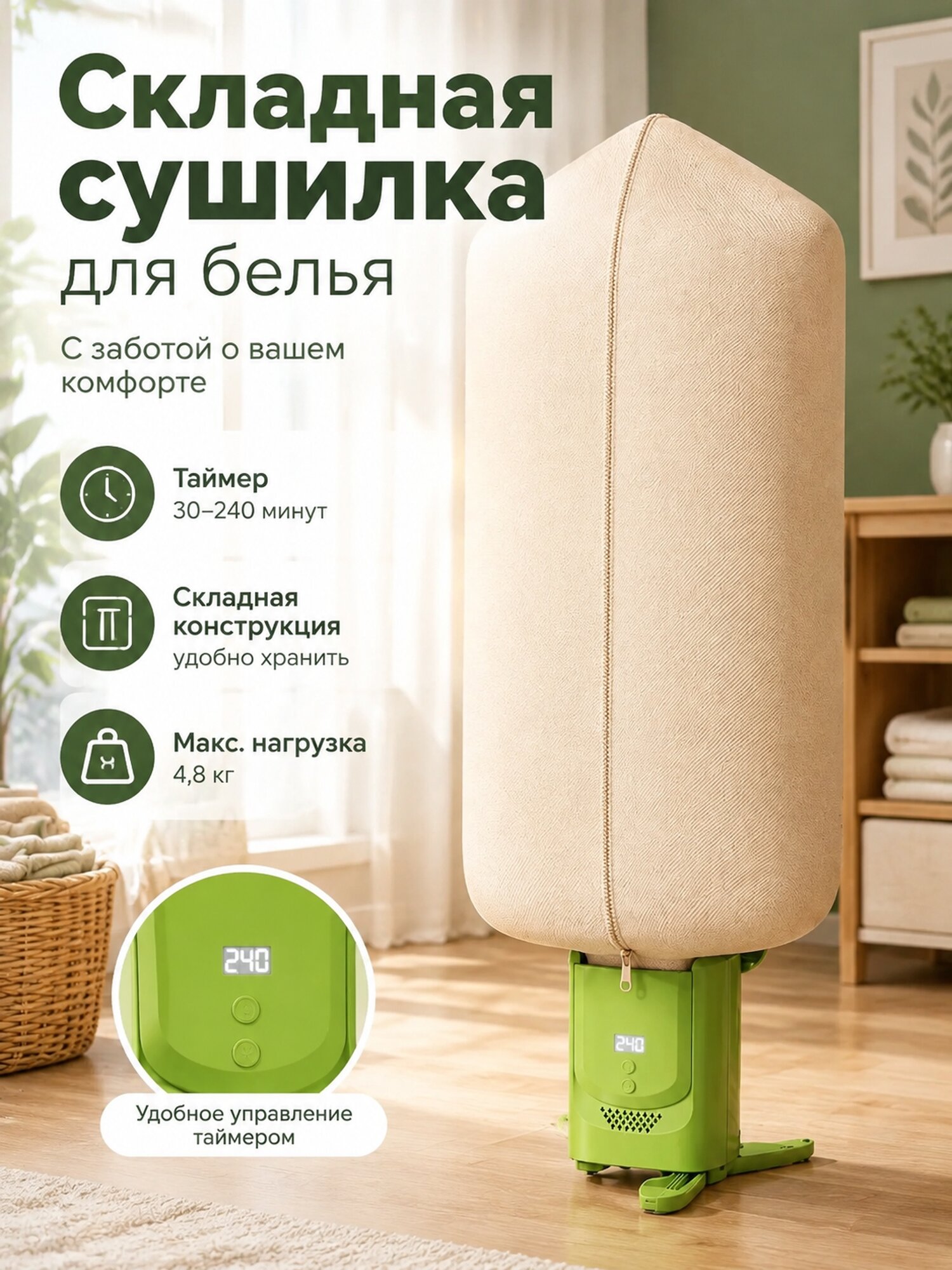 Складная напольная сушилка для белья с таймером 30–240 минут, зеленая