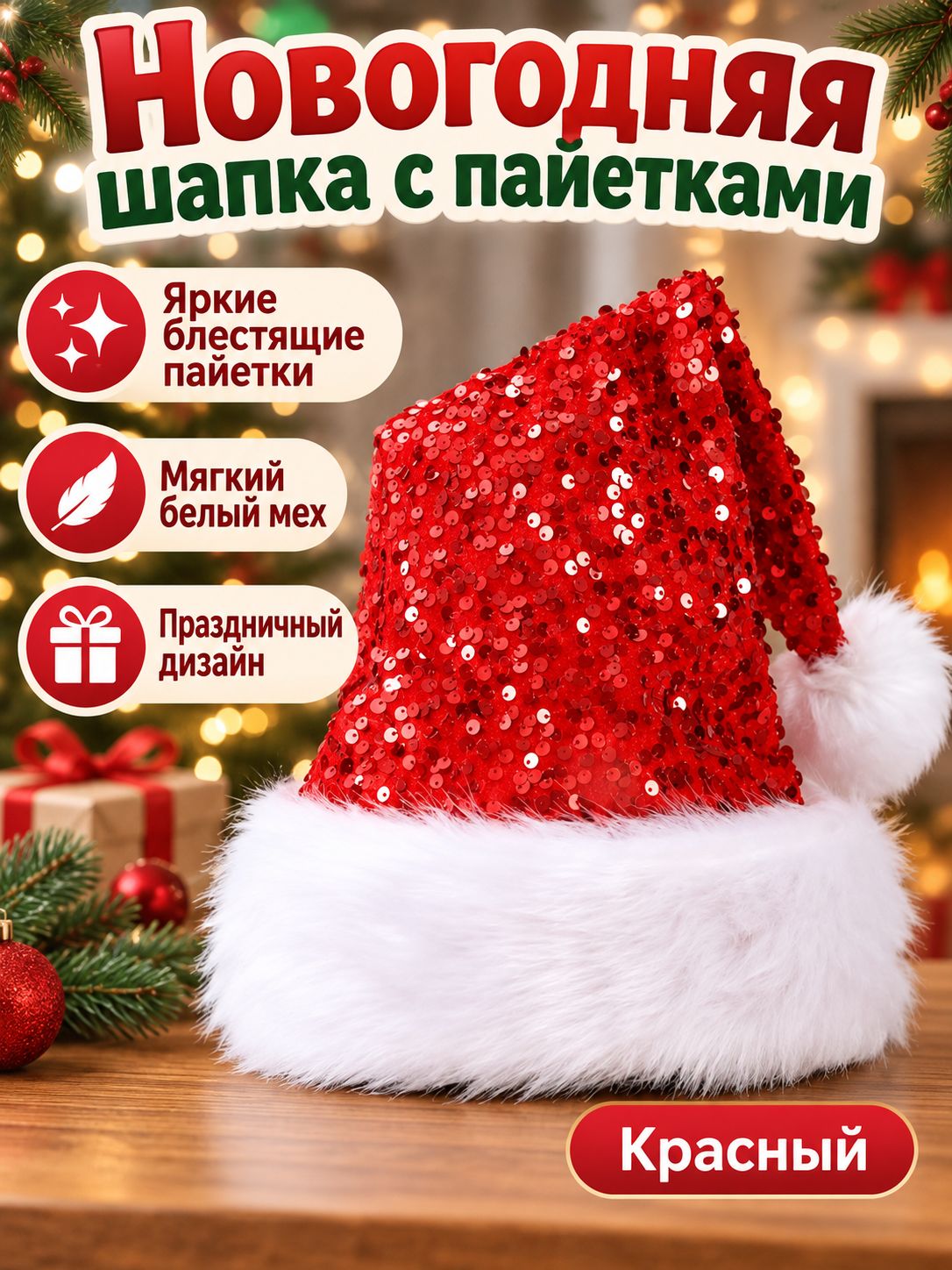 Новогодняя шапка-декор с блестками и длинным белым помпоном, красная, 32x45 см