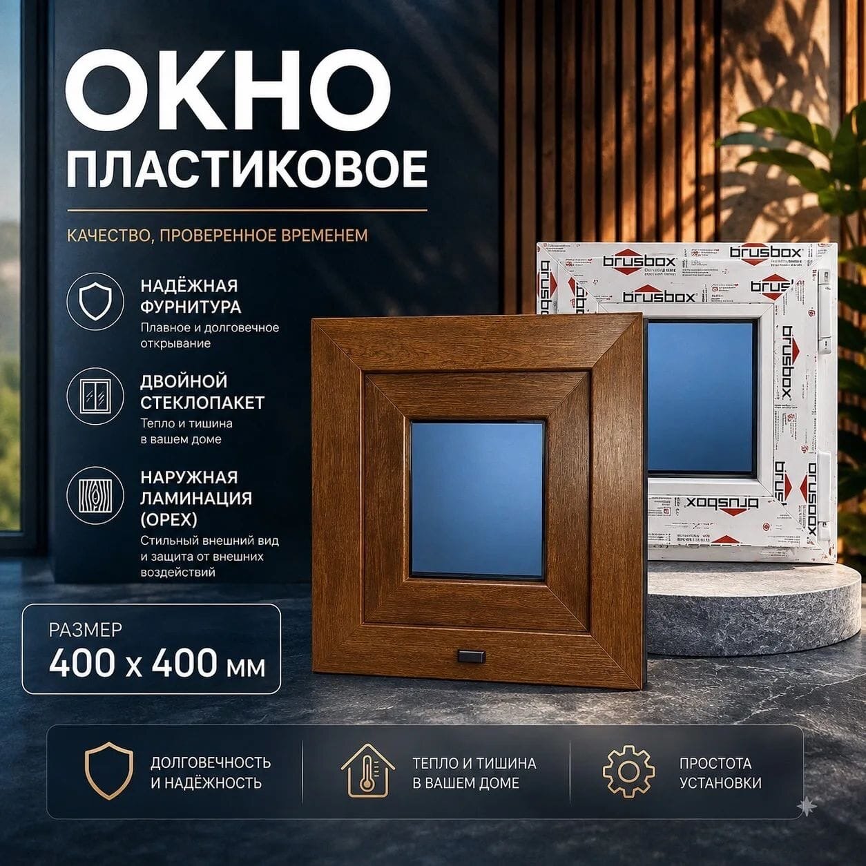 Окно ПВХ 60мм ; с ламинацией; орех; 400х400 мм; обычное стекло/правое/поворотное