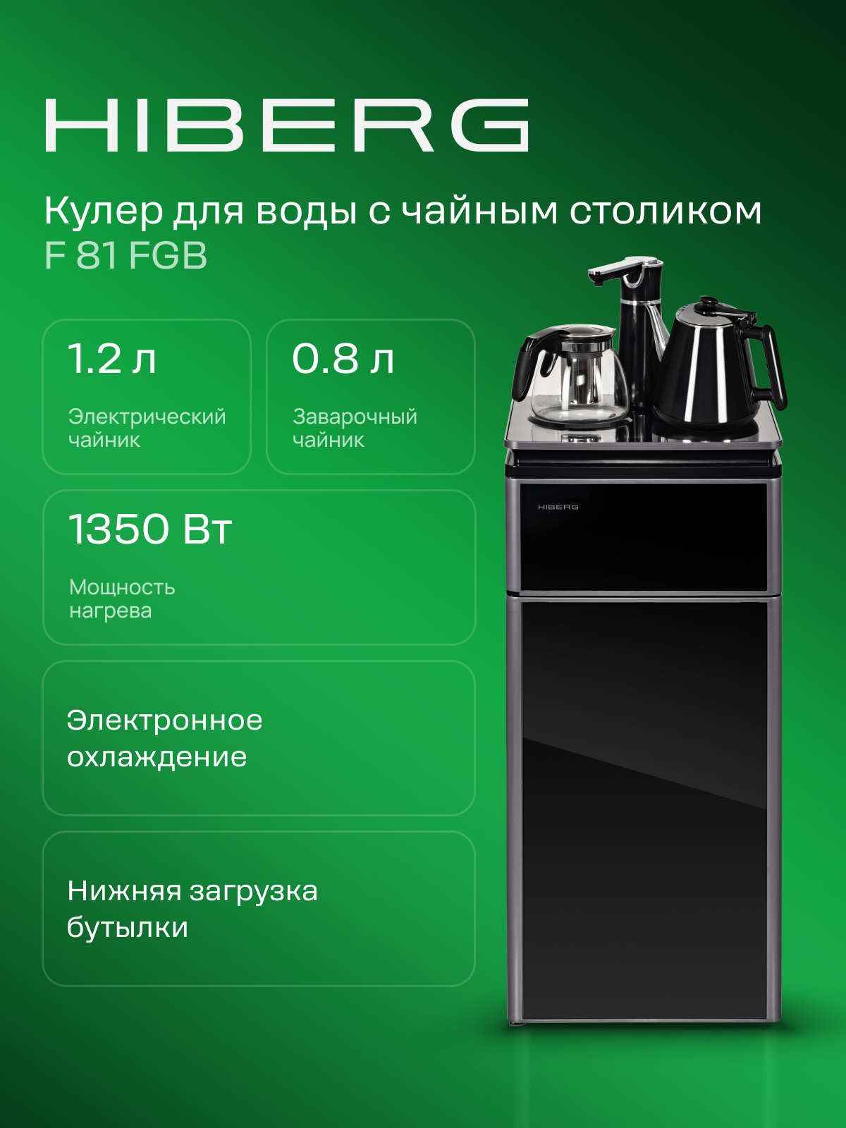 Кулер для воды HIBERG F81 FGB напольный, нижняя загрузка, электрочайник, черное стекло