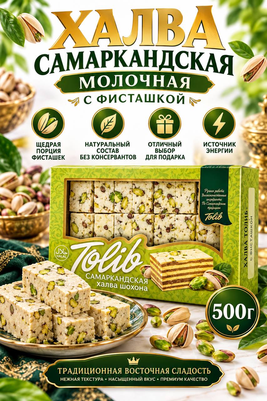 Халва Самаркандская молочная с фисташкой 500г