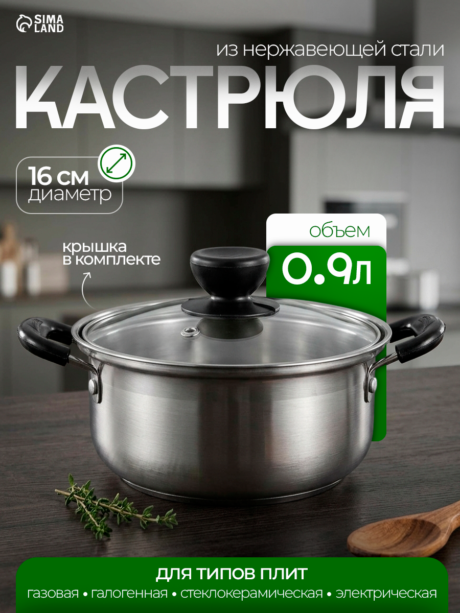 Кастрюля SKYPHOS "Promo" 900 мл, с крышкой, нержавеющая сталь