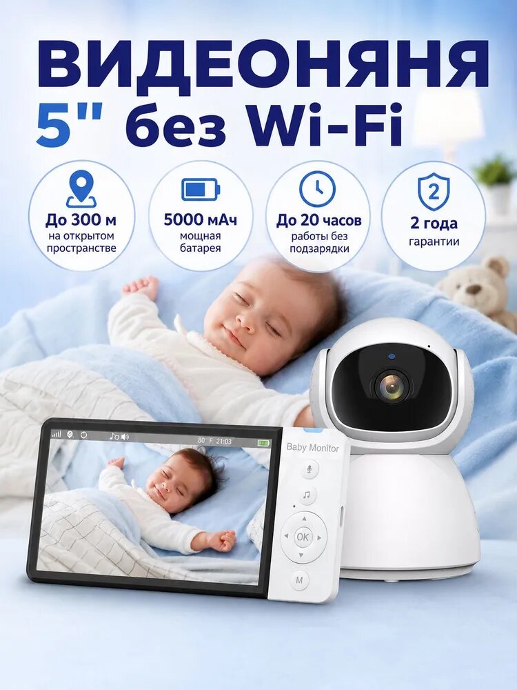 Видеоняня Mijia Baby Monitor Camera 2,4G ABM570, 5" экран, 5000 мАч, ИК-подсветка