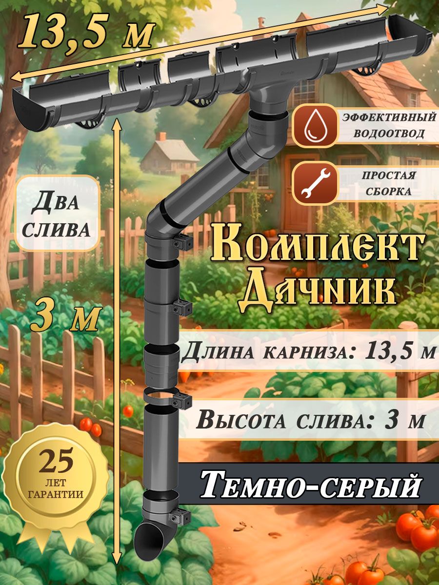 Водосточная система ПВХ Дачник 13,5 м 2 слива 120/80 мм отвода, комплект водостока для крыши пластиковый RAL 7024 серый