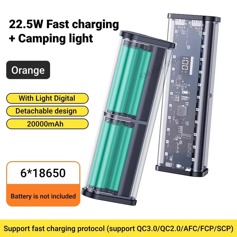 Power Bank 20000mAh 6*18650, 22.5W, Camping Light, Черный