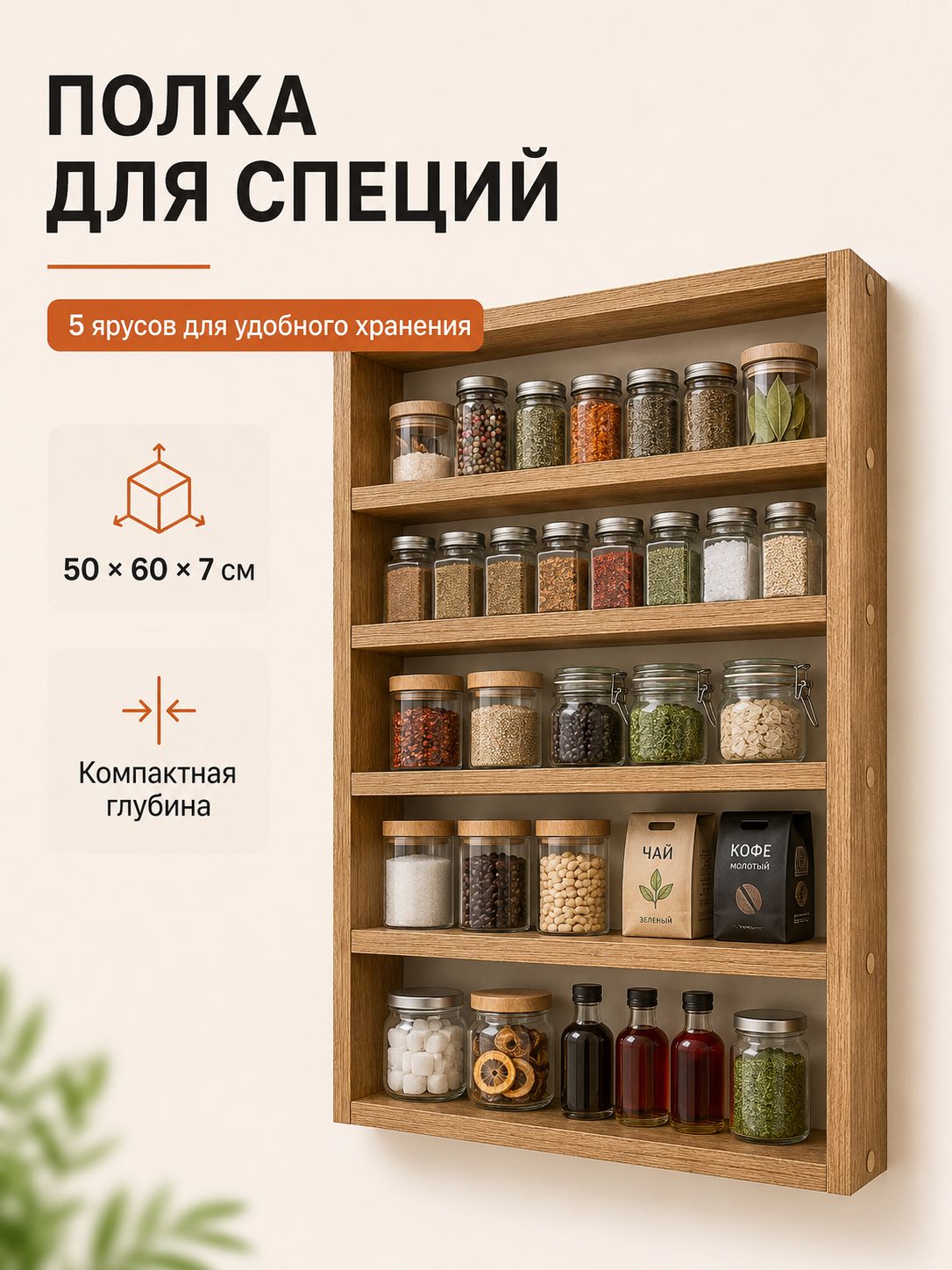 Полка для кухонной мебели Настенная Прямая, 50х7х60 см, 1 шт.