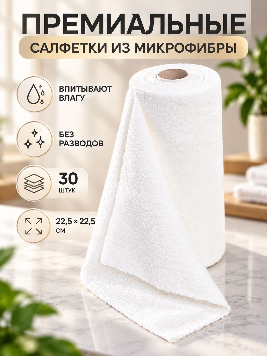 Салфетки для уборки в рулоне белые - 30 шт из микрофибры (22,5х22,5)