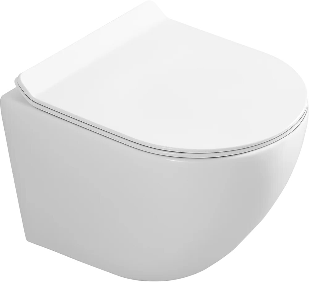 Унитаз подвесной Art&Max Овал (Ovale) AM011CHR/SC с микролифтом, безободковый, без бачка, антивсплеск, фаянсовый, белый, глянцевый, овальный, сиденье для унитаза в комплекте