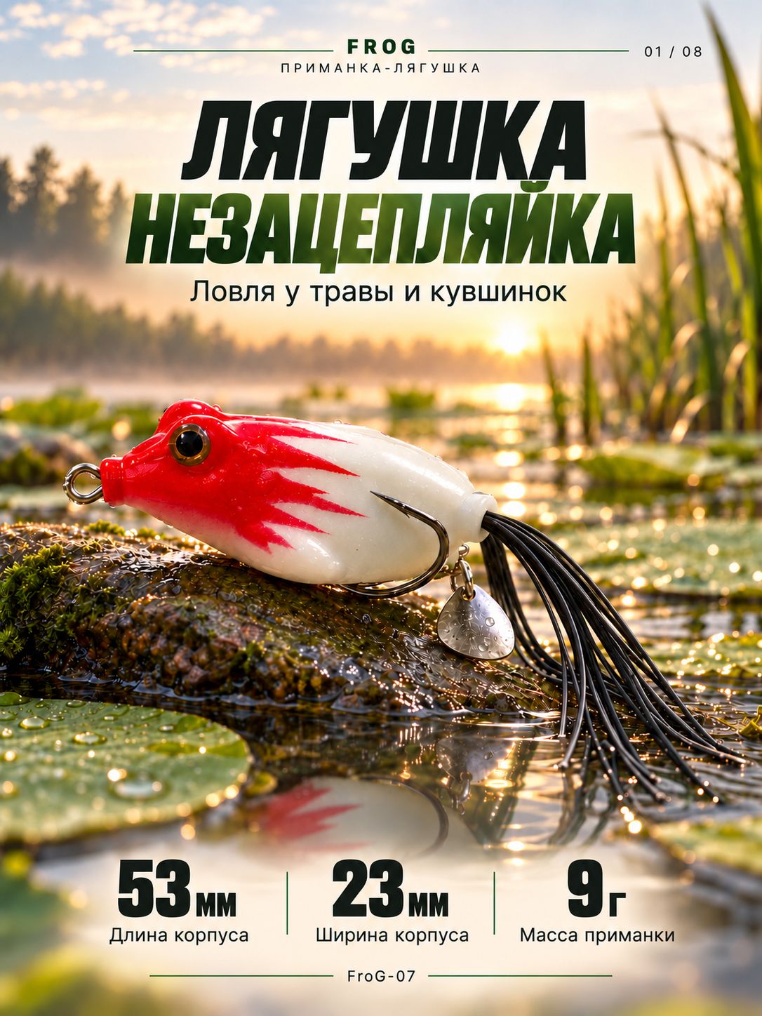 Лягушка-незацепляйка FroG 53 мм, 9 г, с двойником и лепестком, бело-красный с чёрной бахромой