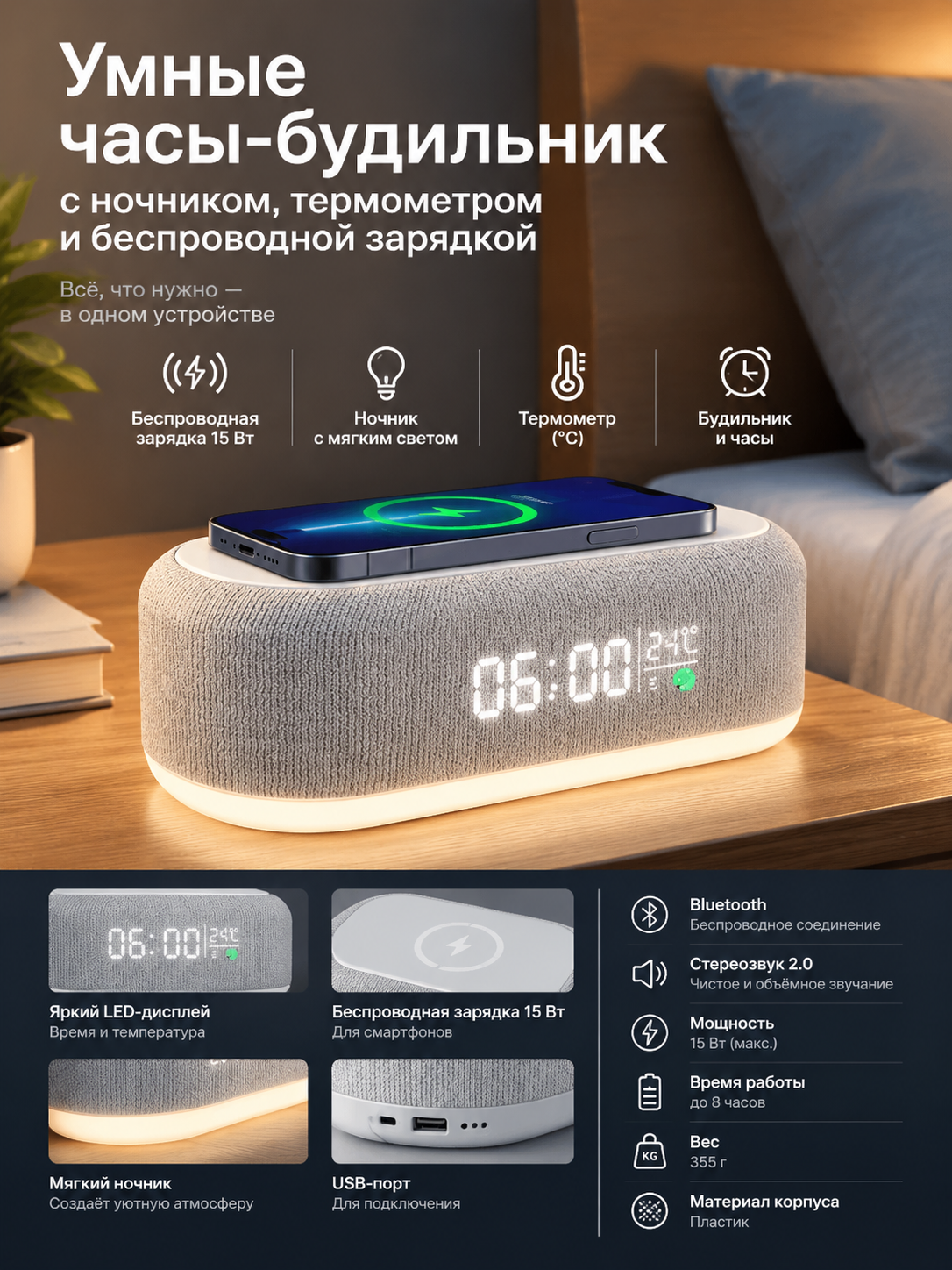 Электронные часы-будильник с ночником, термометром и беспроводной зарядкой