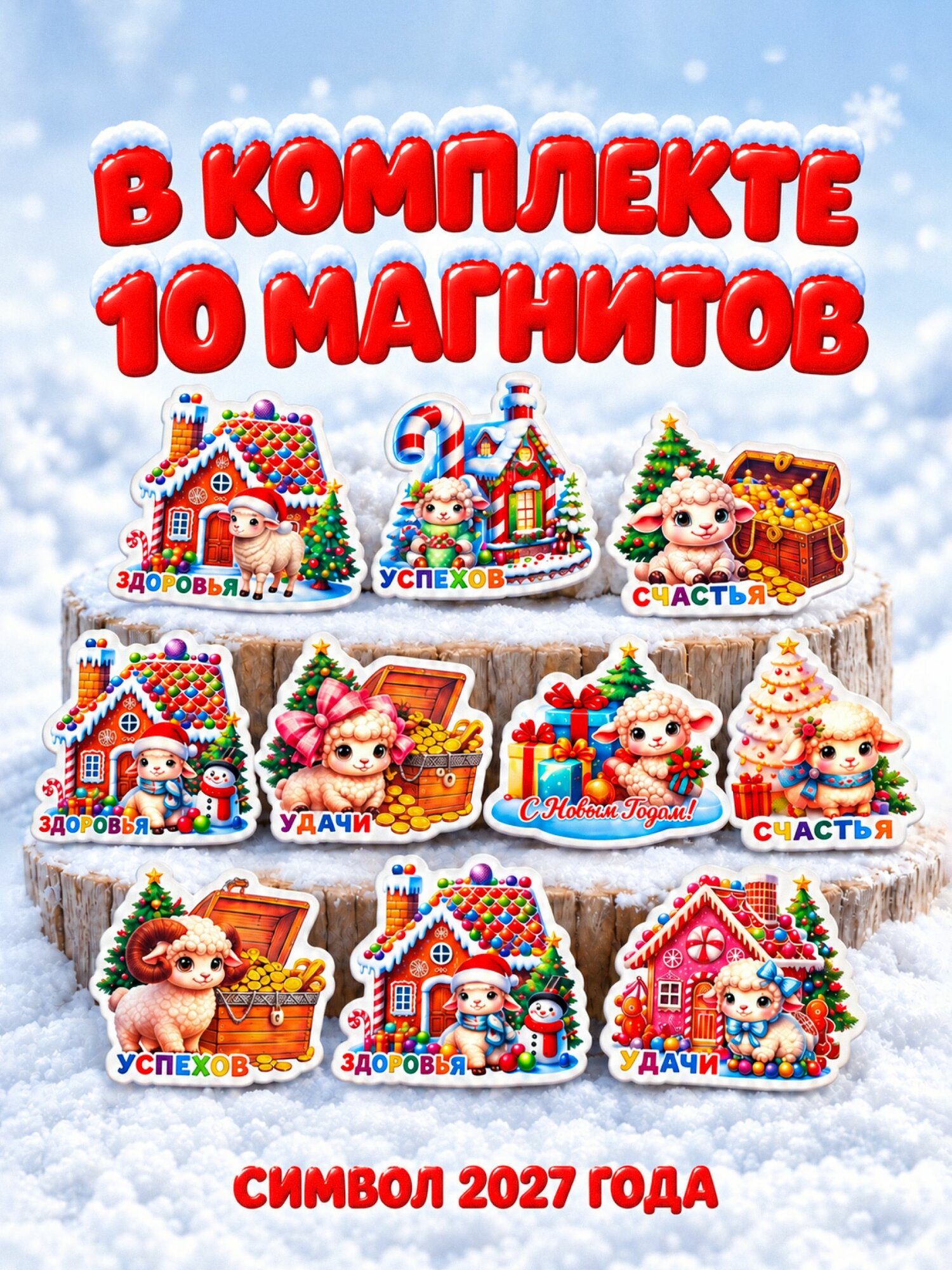 Новогодние магниты 2027 Овечка Коза символ года/Набор 10 шт/Магниты на холодильник/Подарок на Новый год