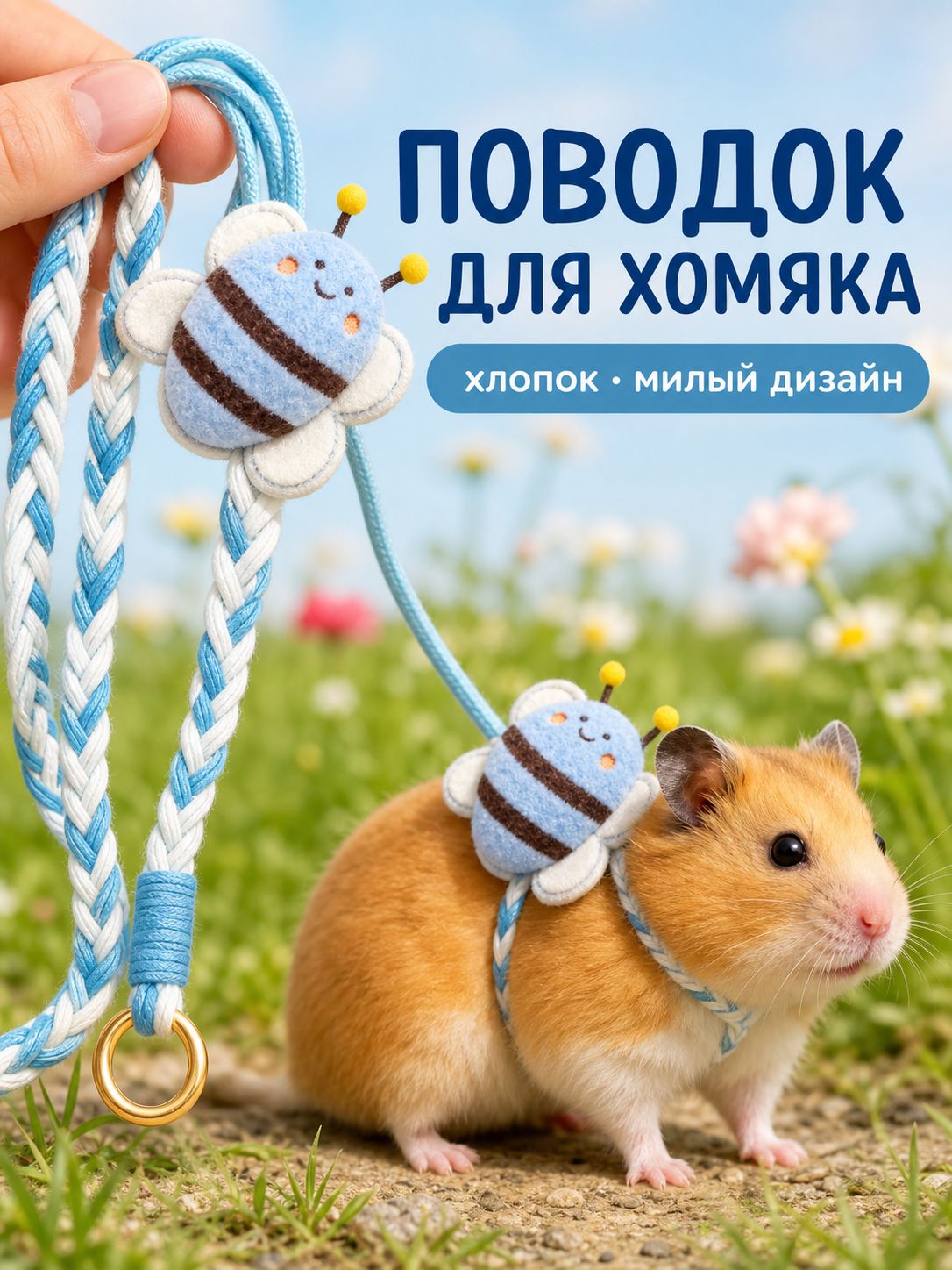 Шлейка-поводок для хомяка, сирийского хомяка, морской свинки и крысы, регулируемая, с защитой от побега, голубая, поводок 1,5 м