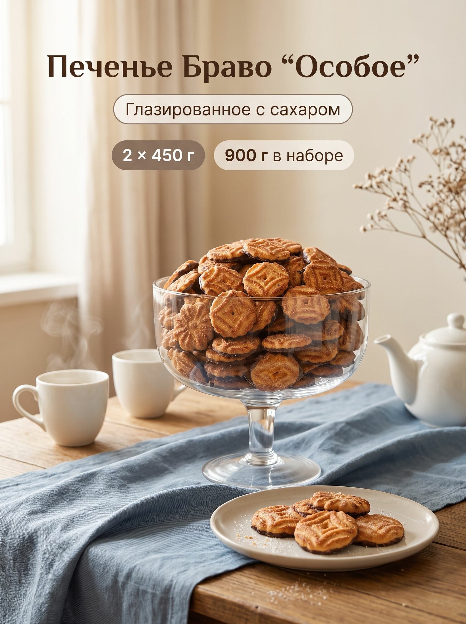Печенье Браво Особое глазированное 900 г, 2 упаковки по 450 г, сладкое печенье к чаю и кофе
