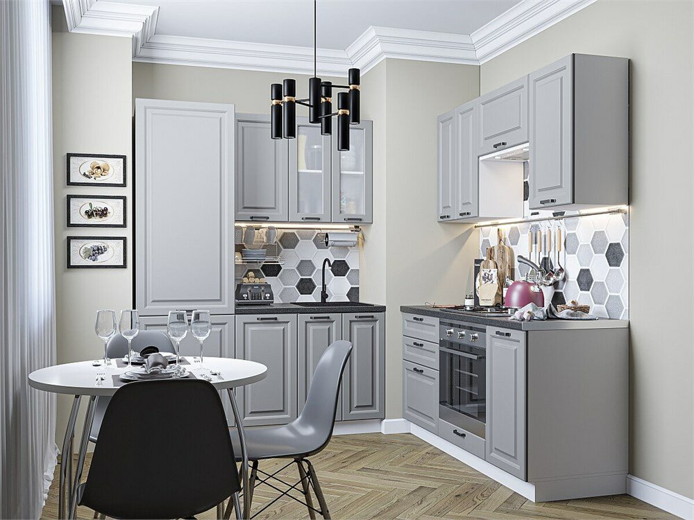 VVT Кухонный гарнитур модульный Ницца Royal-03 В*Ш*Г 2140*1600/1600*600, фасад МДФ/Стекло Magnum, корпус Белый, столешница Черный детройт Magnum