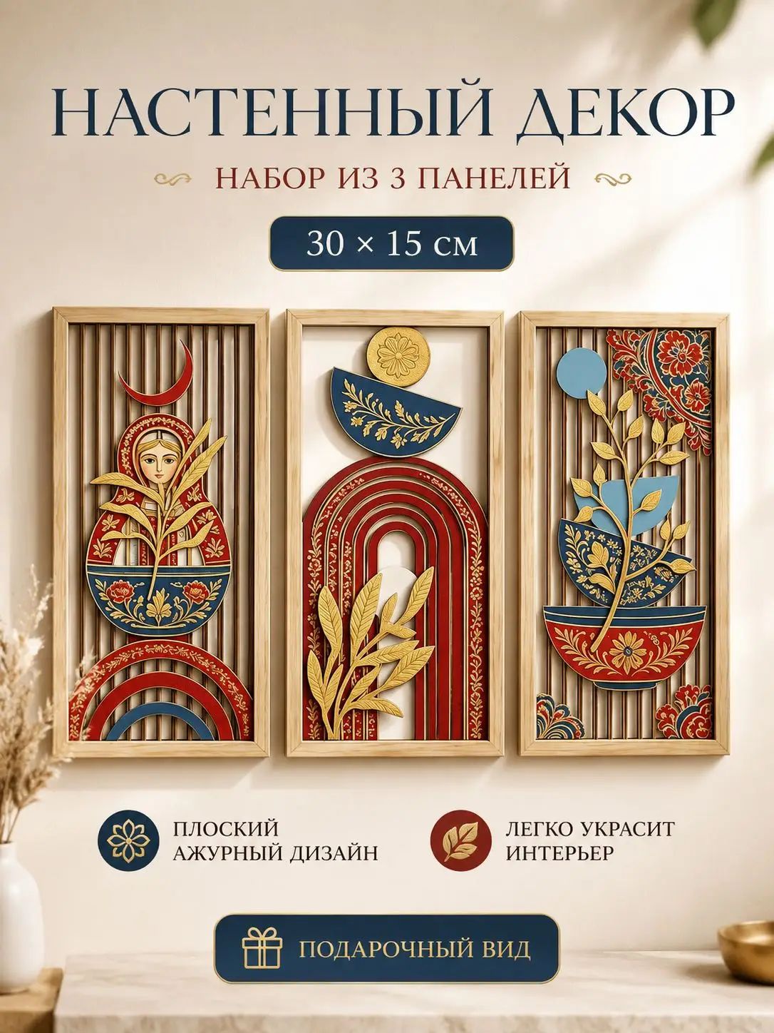 Деревянное панно с матрешками набор из 3 панелей деревянный декор в русском стиле размер 30 на 15 см