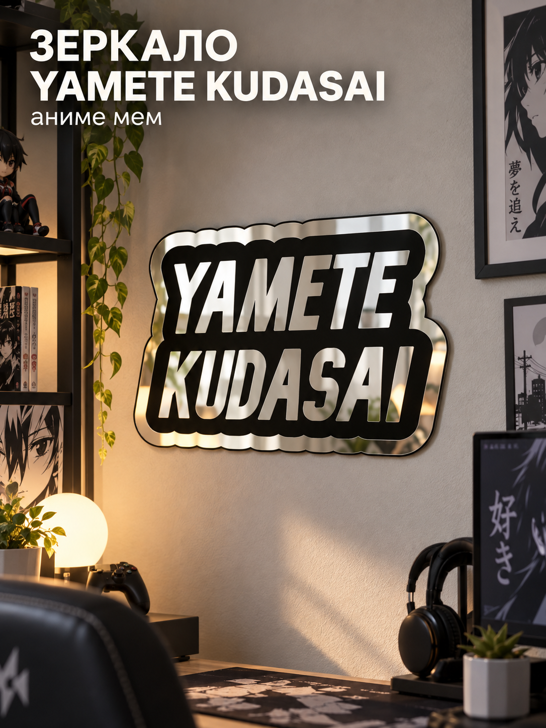 Зеркало настенное «Yamete Kudasai», аниме-зеркало с гравировкой, японский мем, декор на стену, 35×21 см