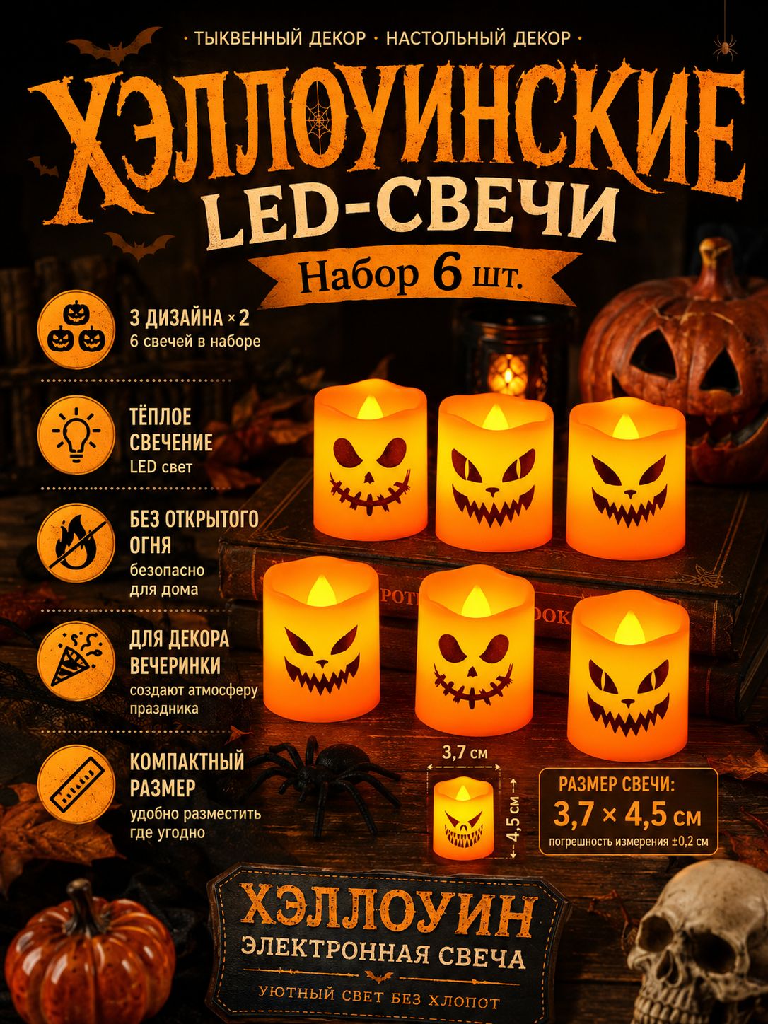 Светодиодные свечитыквы на Хэллоуин, набор 6 шт, 3 дизайна, тёплое мерцание, без открытого огня, праздничный декор