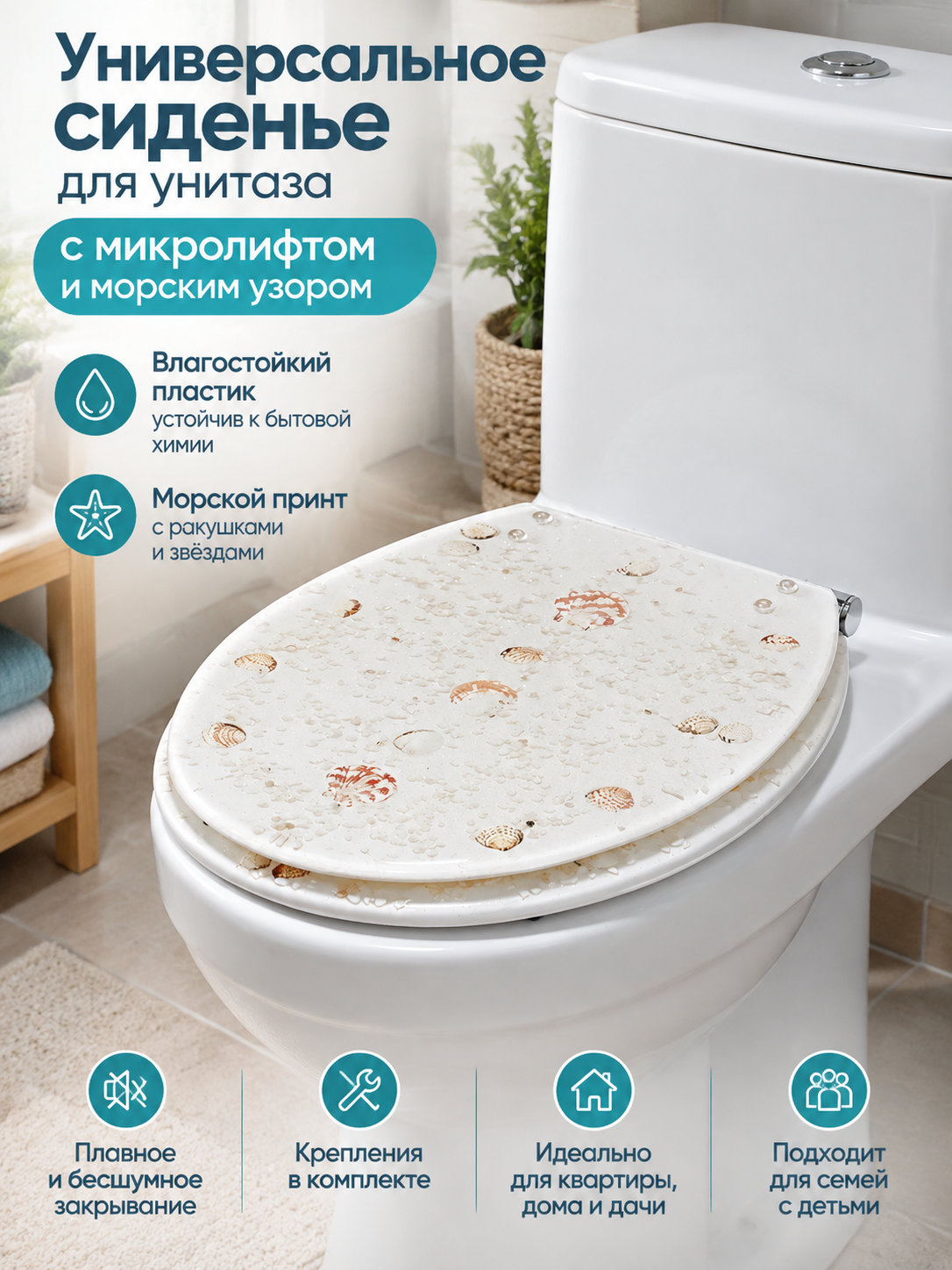 Универсальное сиденье для унитаза с микролифтом и морским узором, овальное, крепления в наборе