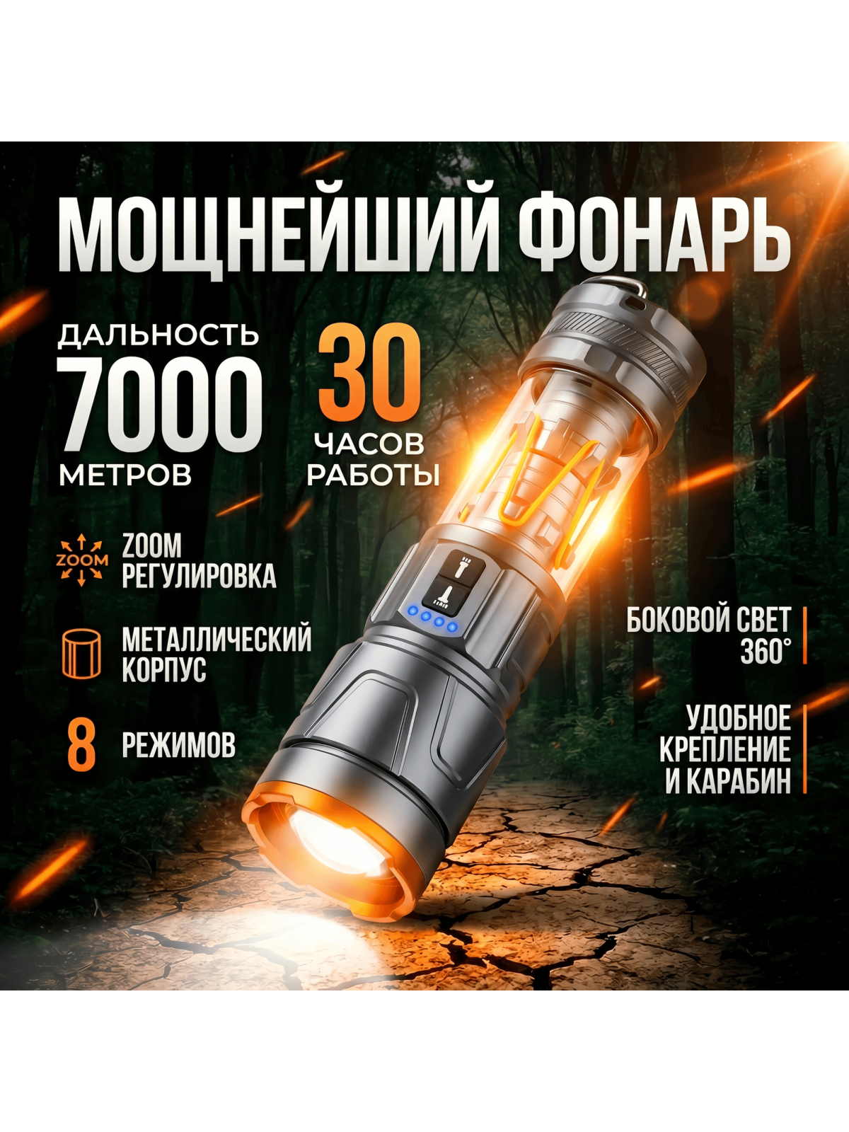 Ручной фонарь светодиодный аккумуляторный тактический с боковым светом 360° и Power Bank