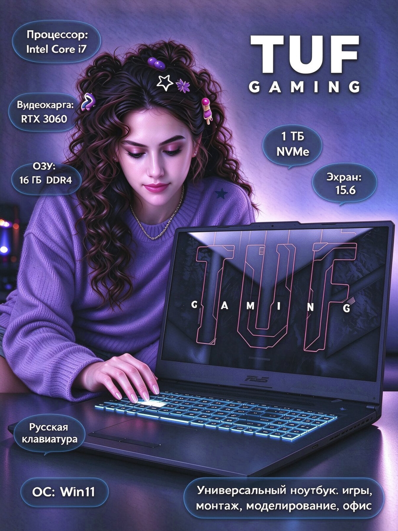 Ноутбук ASUS TUF Gaming FX506 15,6" игровой, i7-11800H, 16 ГБ, SSD 1024 ГБ, RTX3060 6 ГБ, 144Hz, Win11 Pro