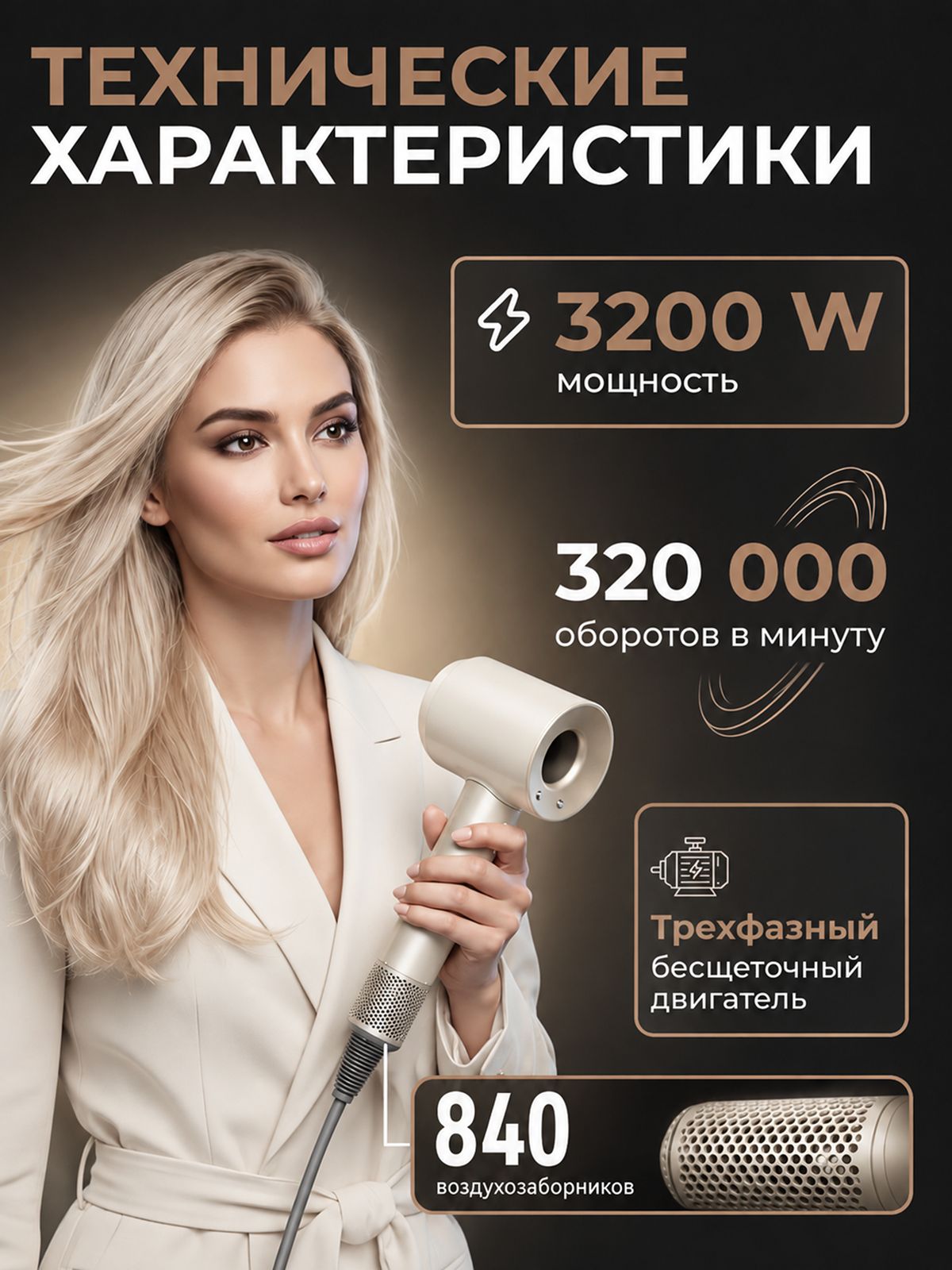 Фен для волос профессиональный / Мощный фен для волос с ионизацией / Фен для сушки и укладки с 5 насадками