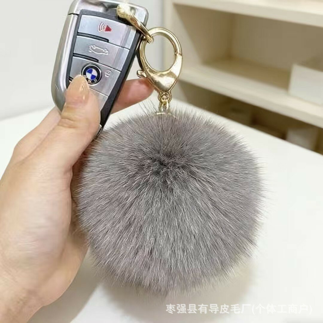 Ключница из натурального меха лисы с большим помпоном, подвеска для сумки, женский аксессуар Тёмно-серый