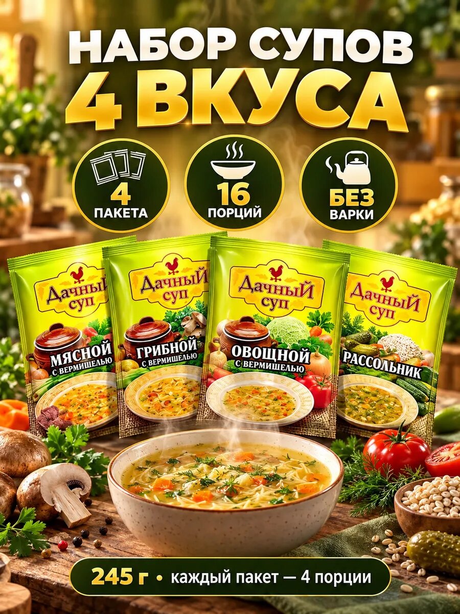Набор супов 4 вкуса мясной грибной овощной рассольник 245г — супы быстрого приготовления