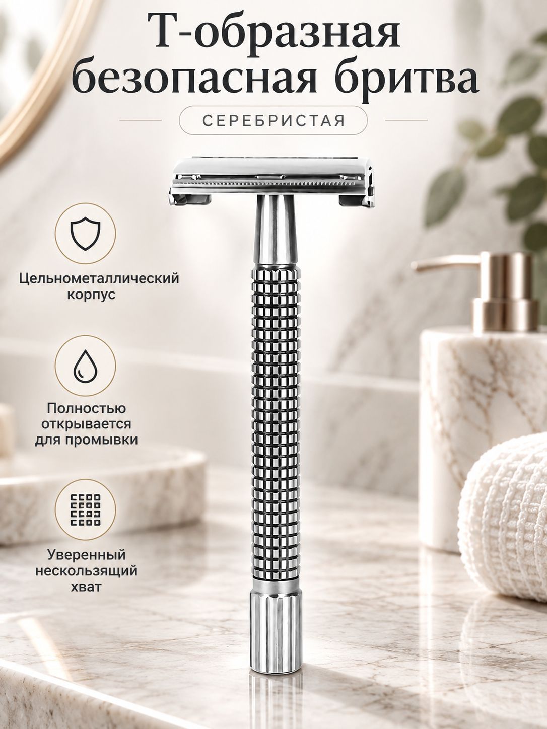 Т-образная бритва мужская двусторонняя металлическая, серебристая