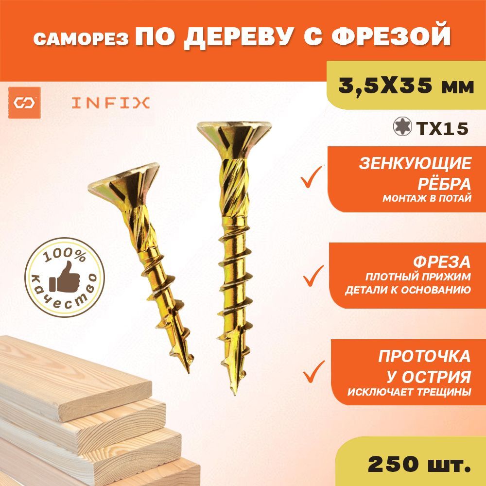 Саморезы по дереву желтые с фрезой потайн. 3.5х35 цж TX 15 INFIX (упак 250 шт)