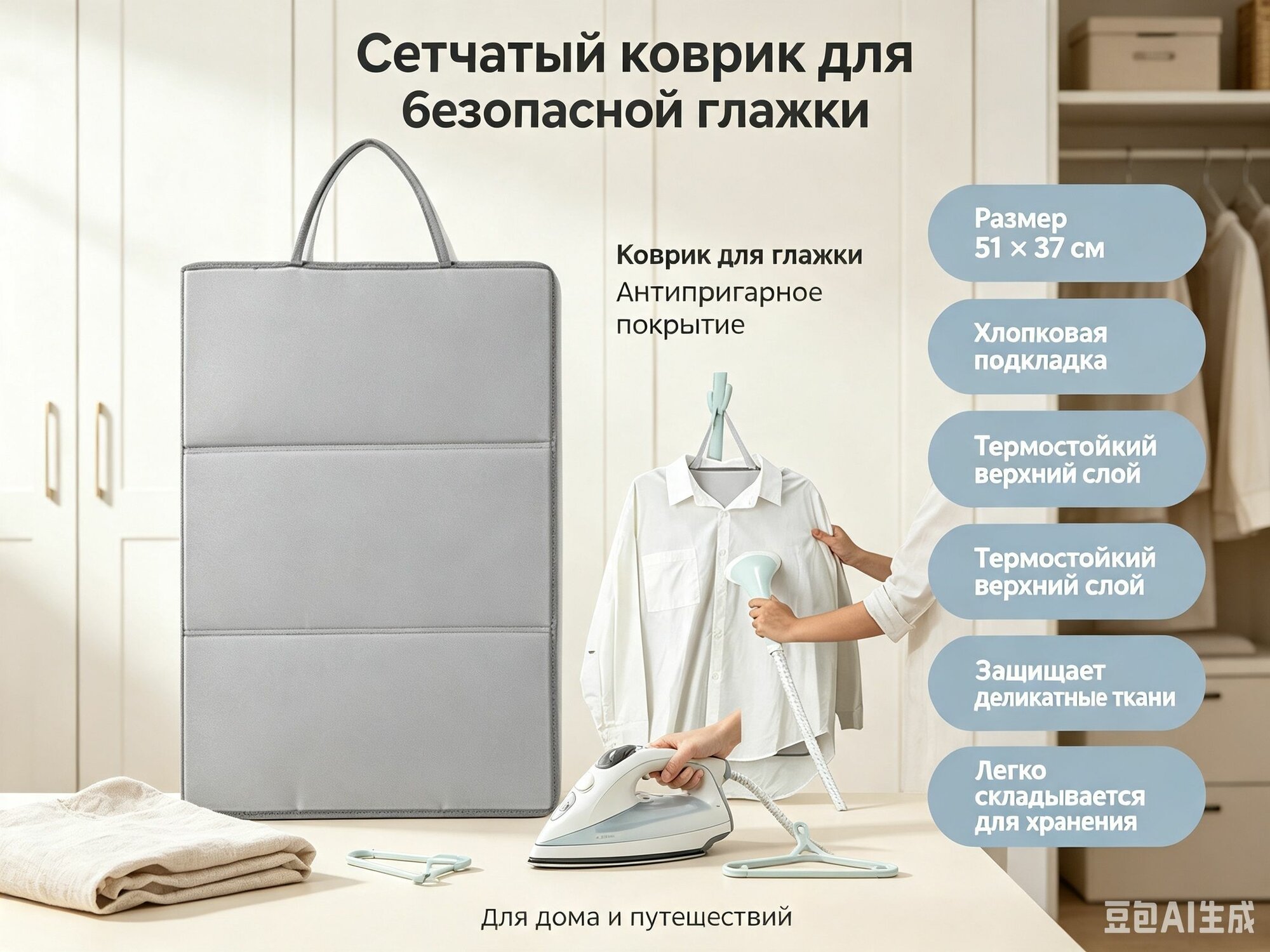 Сетка, коврик для глажки 51х37 см, антипригарное покрытие, подкладка хлопковое волокно, 1 шт