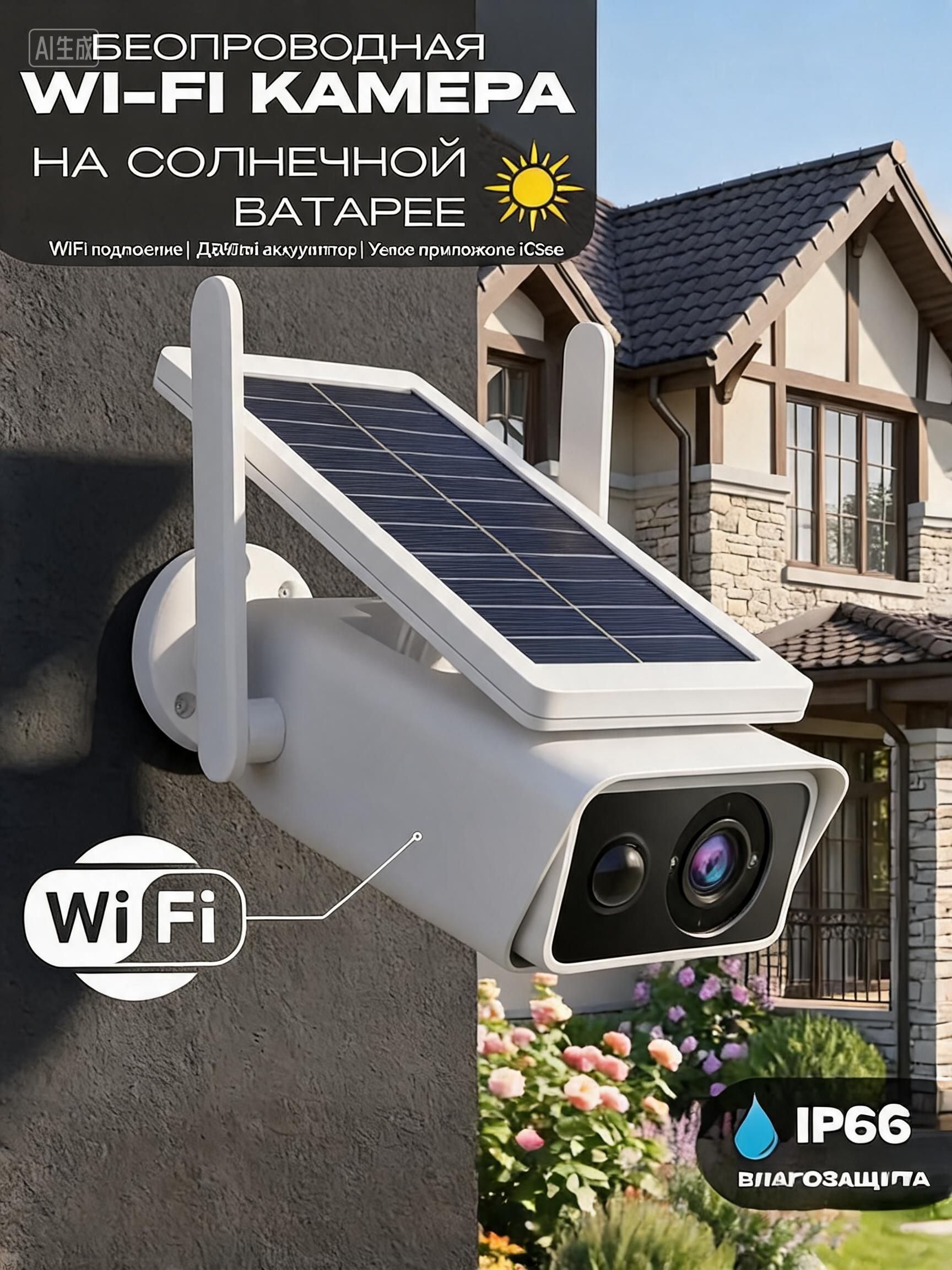 Солнечная Wi-Fi камера видеонаблюдения 4K, беспроводная уличная камера с ИК ночным видением, детекцией движения, двусторонней аудиосвязью, без подключения к электросети