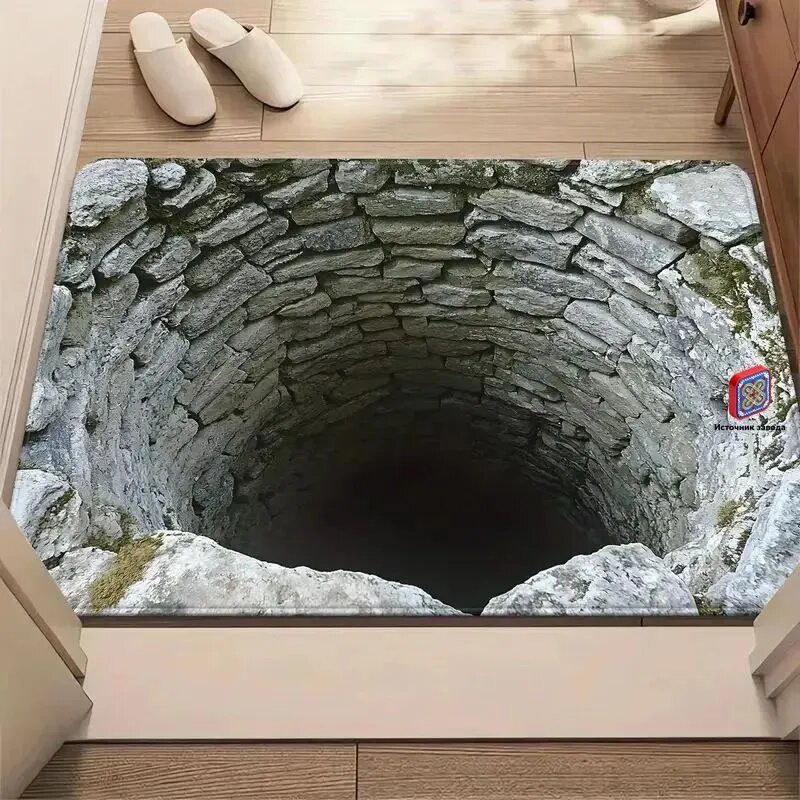 Коврик придверный прямоугольный 120 см, 3D-эффект, изображение каменной шахты, серый, полиэстер