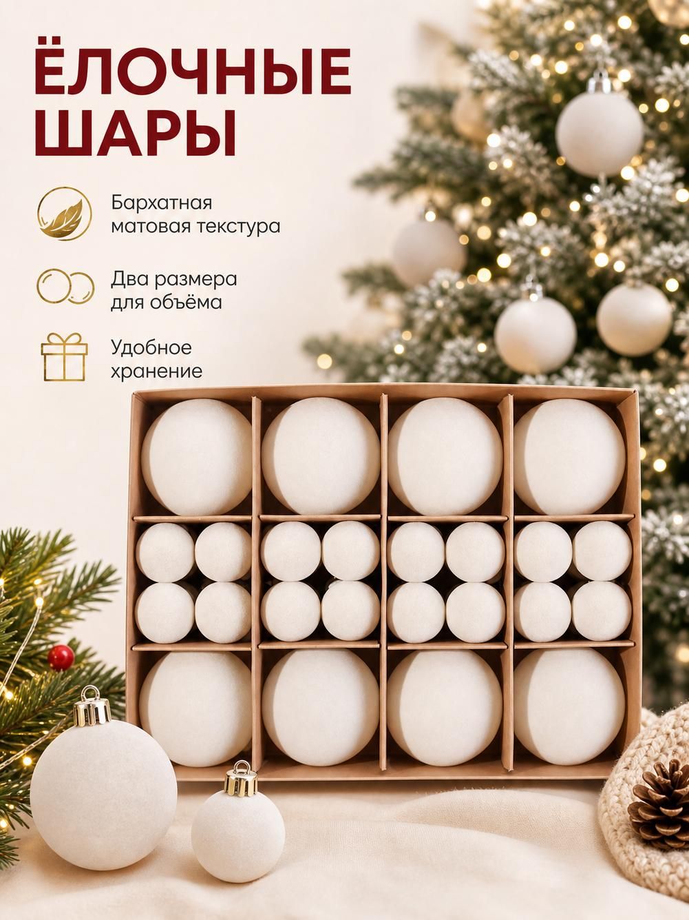 Набор велюровых елочных шаров, темно-зеленого цвета, 6 и 3 см