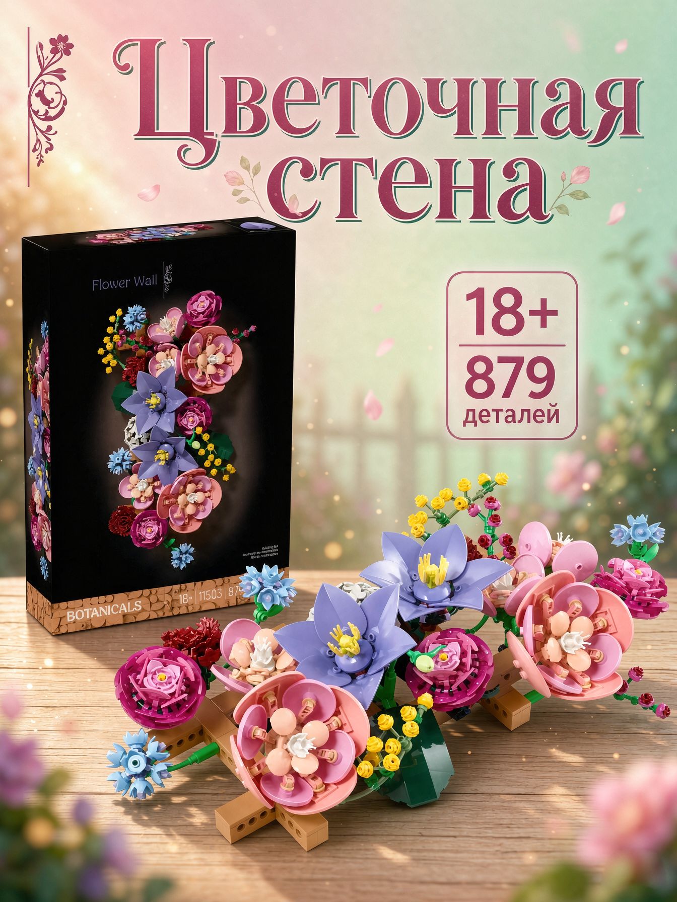 Конструктор Цветочная стена 879 деталей, совместимость с LEGO 11503, декор для интерьера