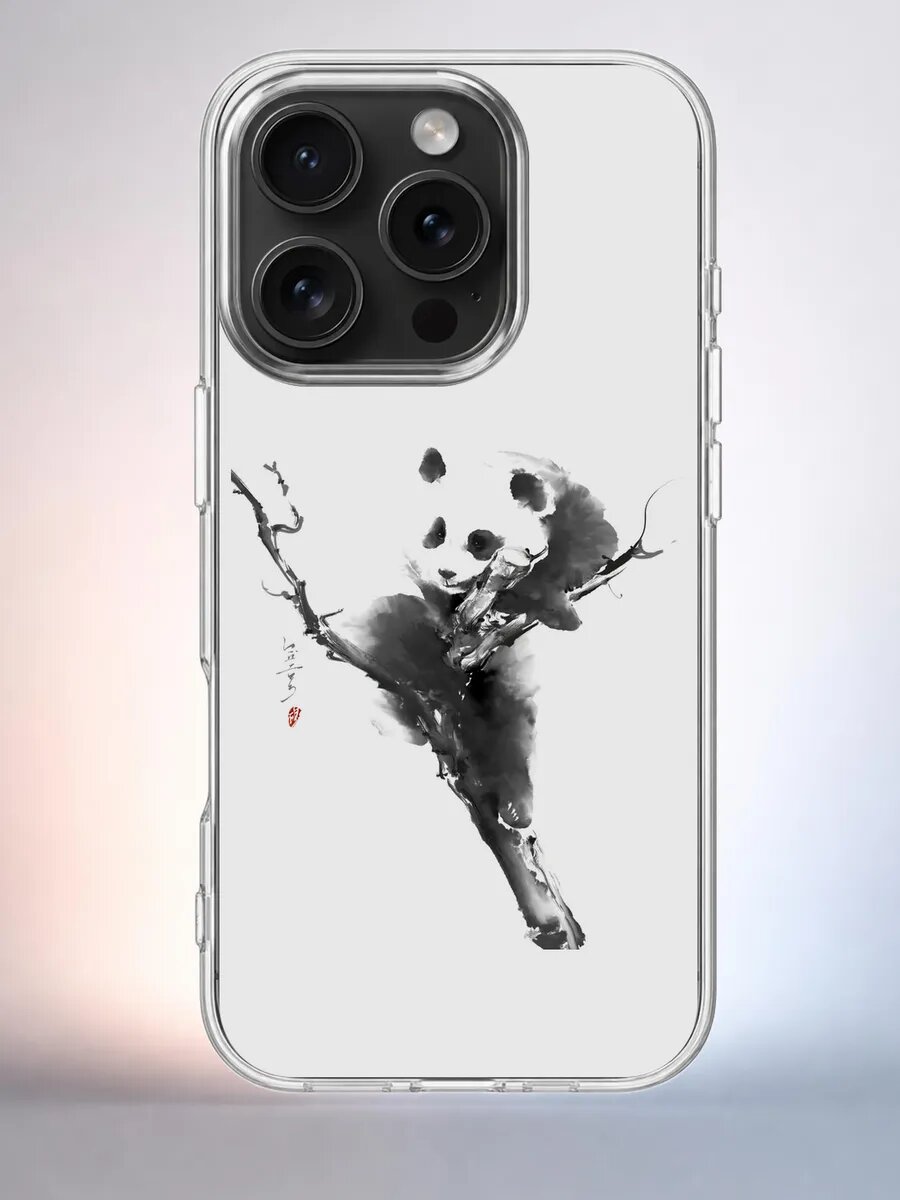 Чехол iPhone 15 Pro панда на ветке силиконовый
