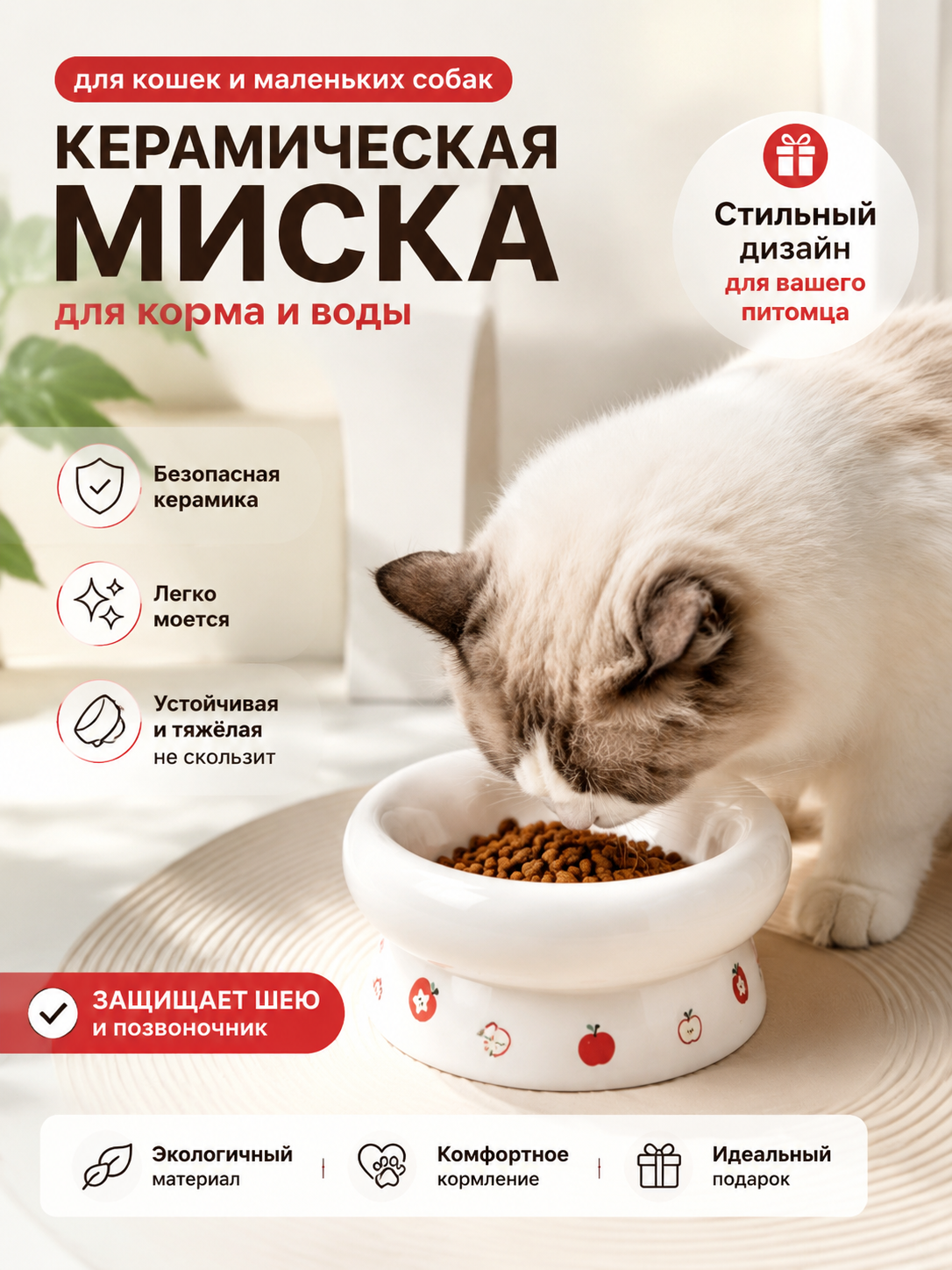 Миска, для животных, овальная, керамика, 15 см, белая