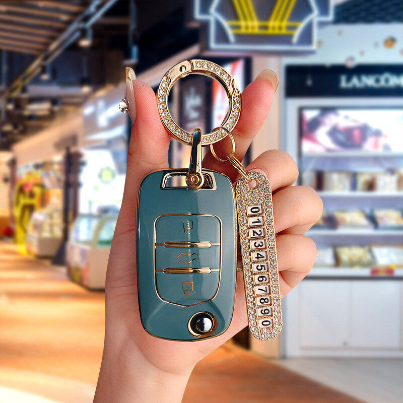 Чехол для ключа на Mini EV TPU - светло-серый с золотым кольцом и номерной табличкой, стильный аксессуар