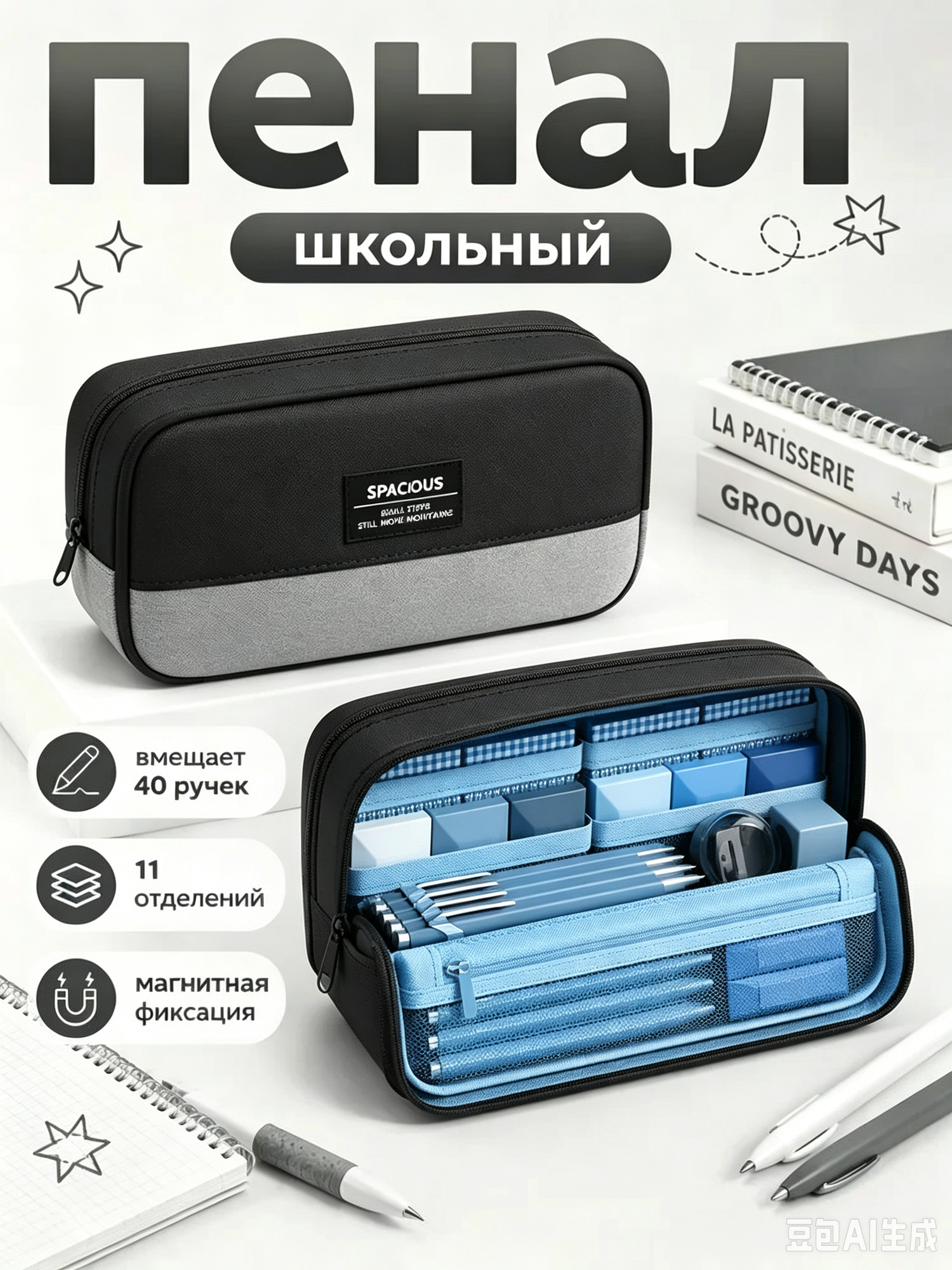 Пенал для мальчика школьный 22x13 см, органайзер для канцелярии стоячий, пенал-трансформер 11 отделений