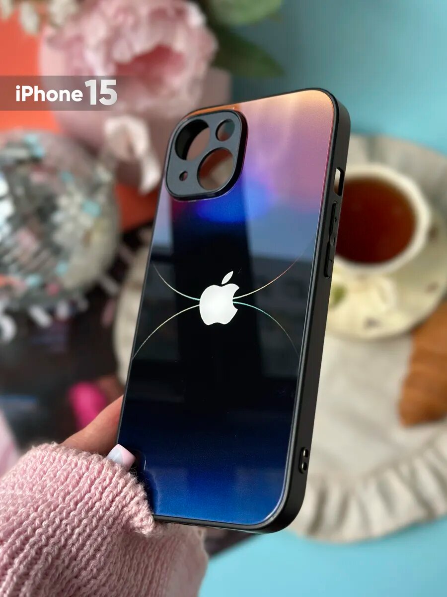 Чехол для iPhone 15 стеклянный с черным принтом, защитная накладка